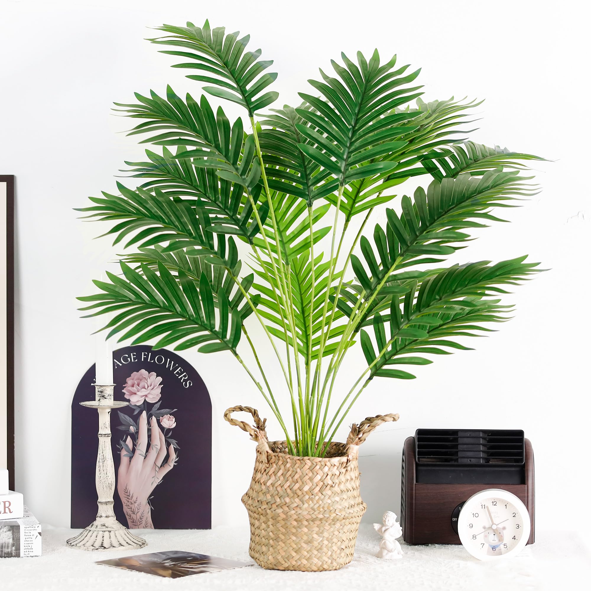 Der Rose Fake Palm Tree 28Inch Large Fake Potted Faux Areca Palm Plant with Hand-Woven Baskets with Handles for Indoor Outdoor Home Office Porch Balcony Bedroom Decor