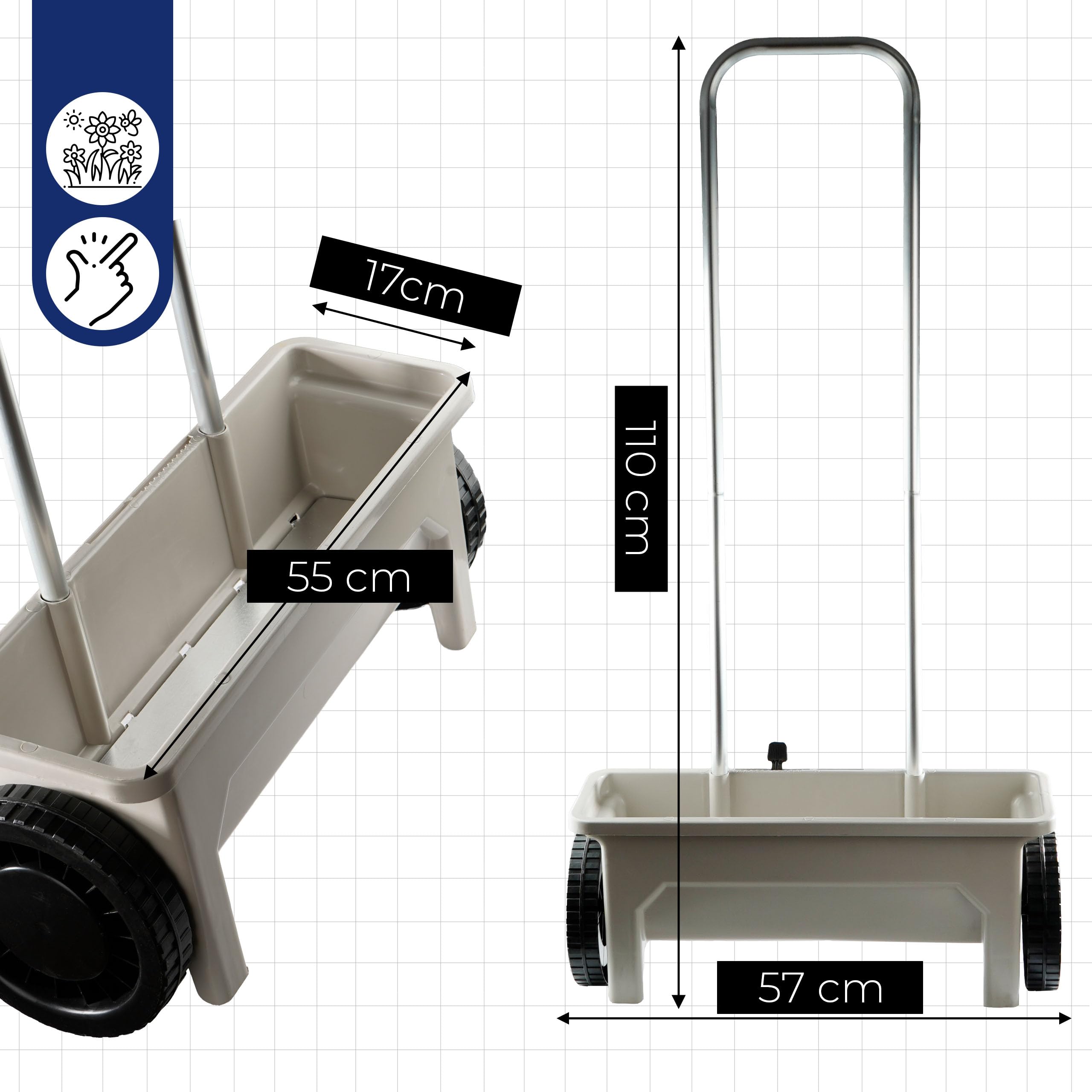 Garden Rasen Sämaschine auf Rädern, Düngewagen streuwagen rasen, Saatgut, Sand, Salz 12L, Streukontrolle, Universal Handstreuer bis zu 5kg Belastungt