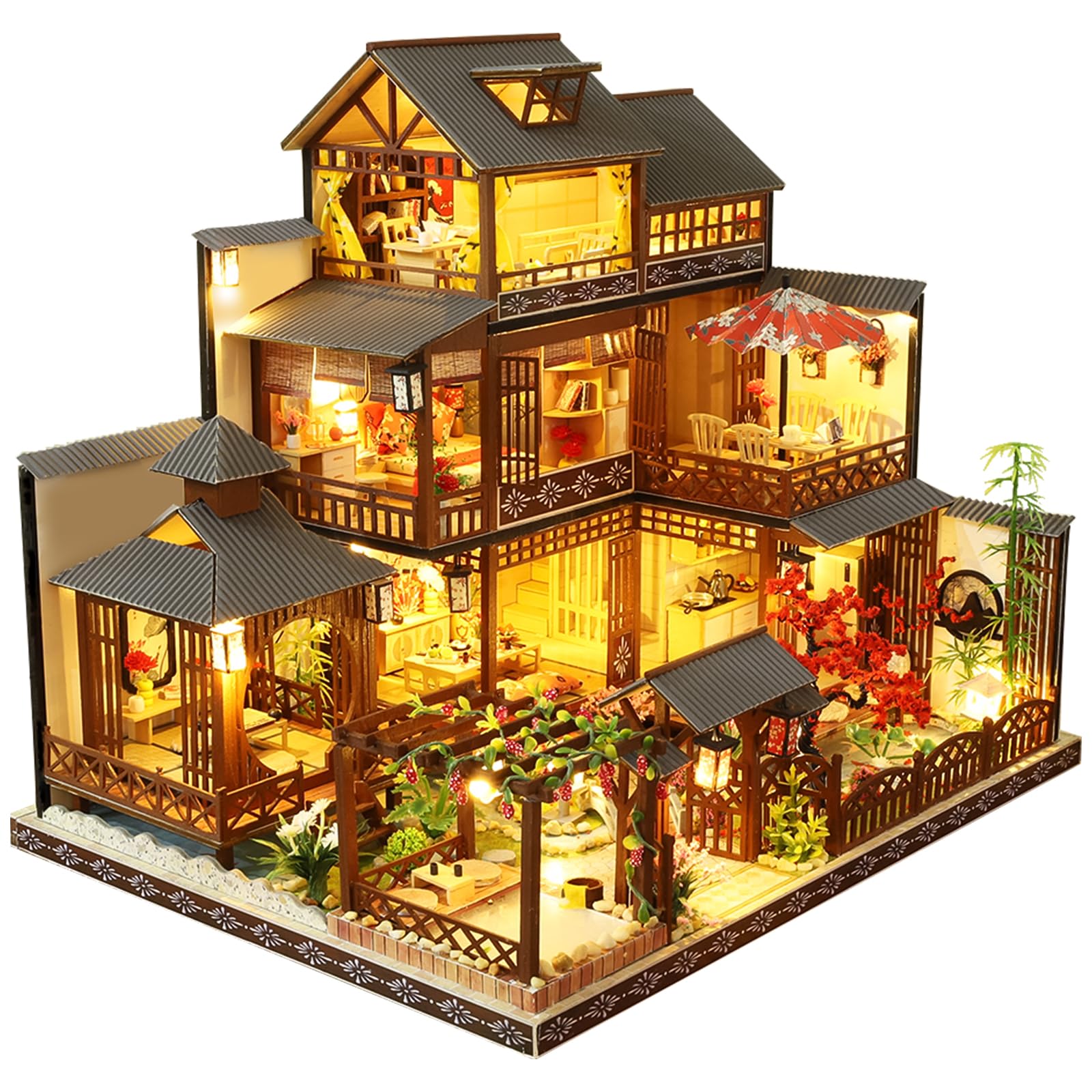 Spilay DIY Dollhouse Miniature with Wooden Furniture,DIY Dollhouse Kit Big Japanese Courtyard Model with LED & Music Box,1:24 Scale Creative Room Gift Idea for Adult Friend Lover (Yaquan Courtyard)