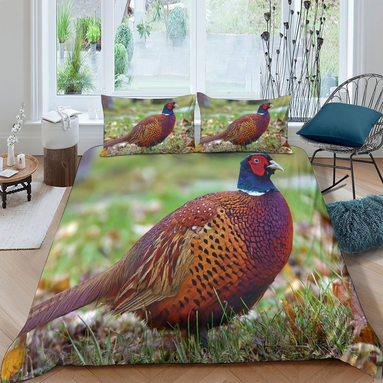 Ctjqhvkz Style-2 3D Printed Pheasant Forest Fitted Sheet Microfiber Anti-Slip Autumn Meadow Mattress Cover Bedroom Decor Washable Single（135X200cm）