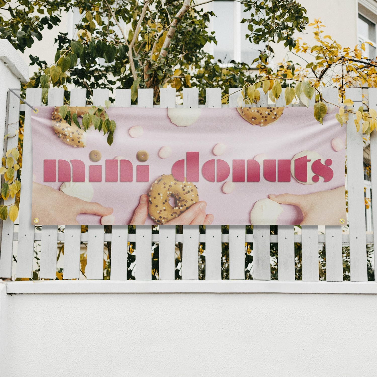 Mini Donuts Banner Sign 18 Inch x 48 Inch | 13 oz Vinyl with Metal Grommets | Heavy-Duty Single-Sided Outdoor Durable Printed High-Quality Weatherproof | Made in the USA