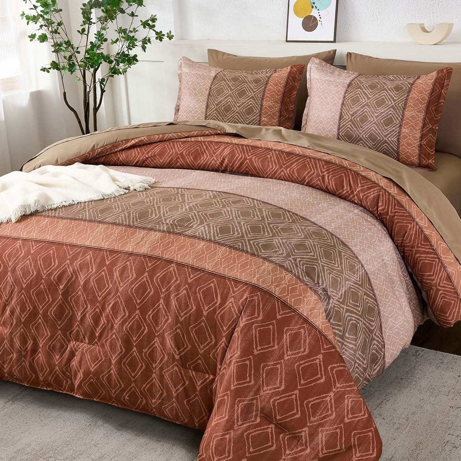Dinjoy Boho Queen Comforter Set Red Brown,7 Piece Bed in a Bag Queen Size Warm Striped Bedding Sets with Plaid Fall Comforters Bed Set with Sheets for Family All Season