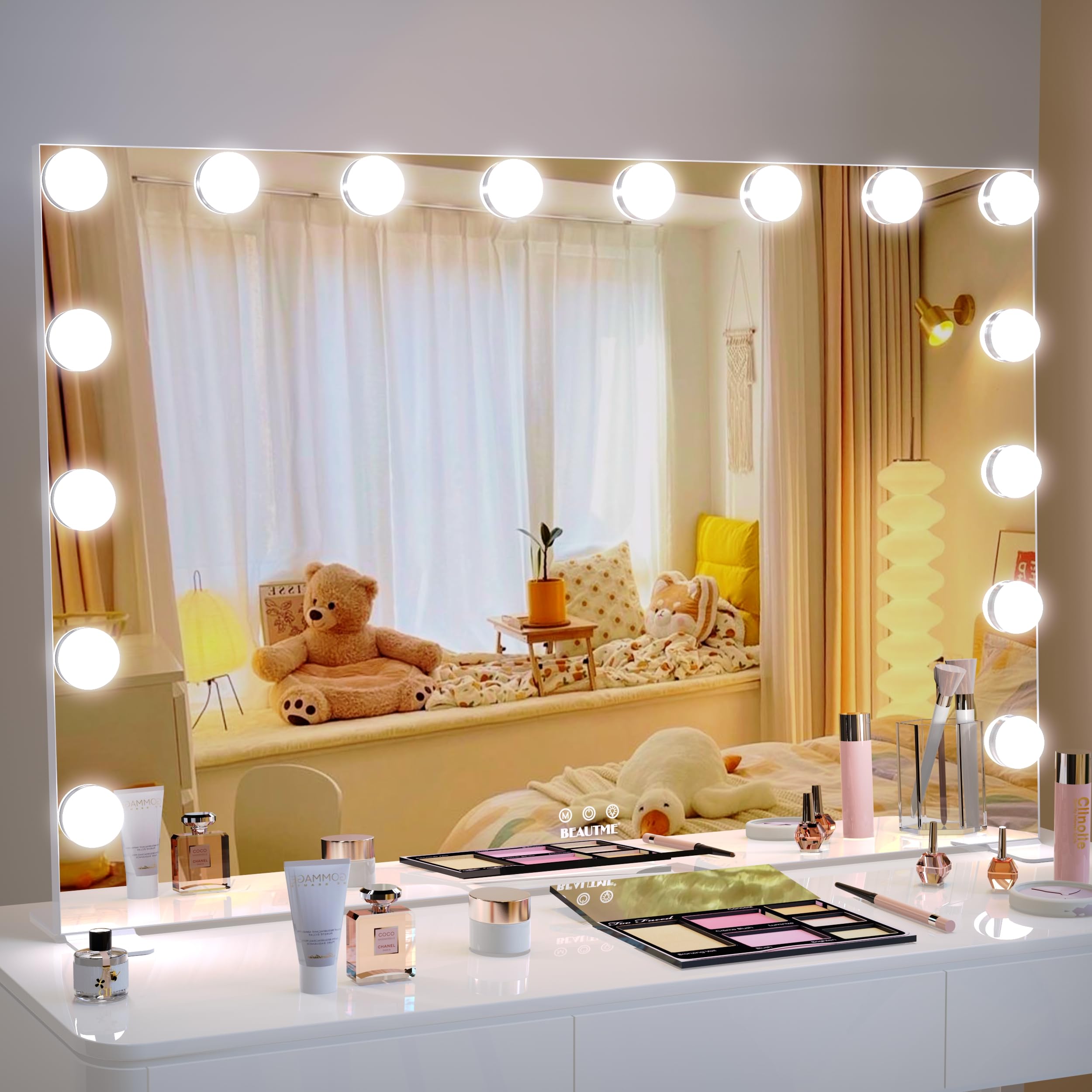BEAUTME Espejo Maquillaje con Luz Espejo Tocador, Espejo Pared, Espejo Maquillaje, Espejo con Luz 3 Modos, Espejo Aumento, Tocadores Maquillaje, Espejo Tocador con Luz Grande, 91,1 × 61,6 cm,Blanco