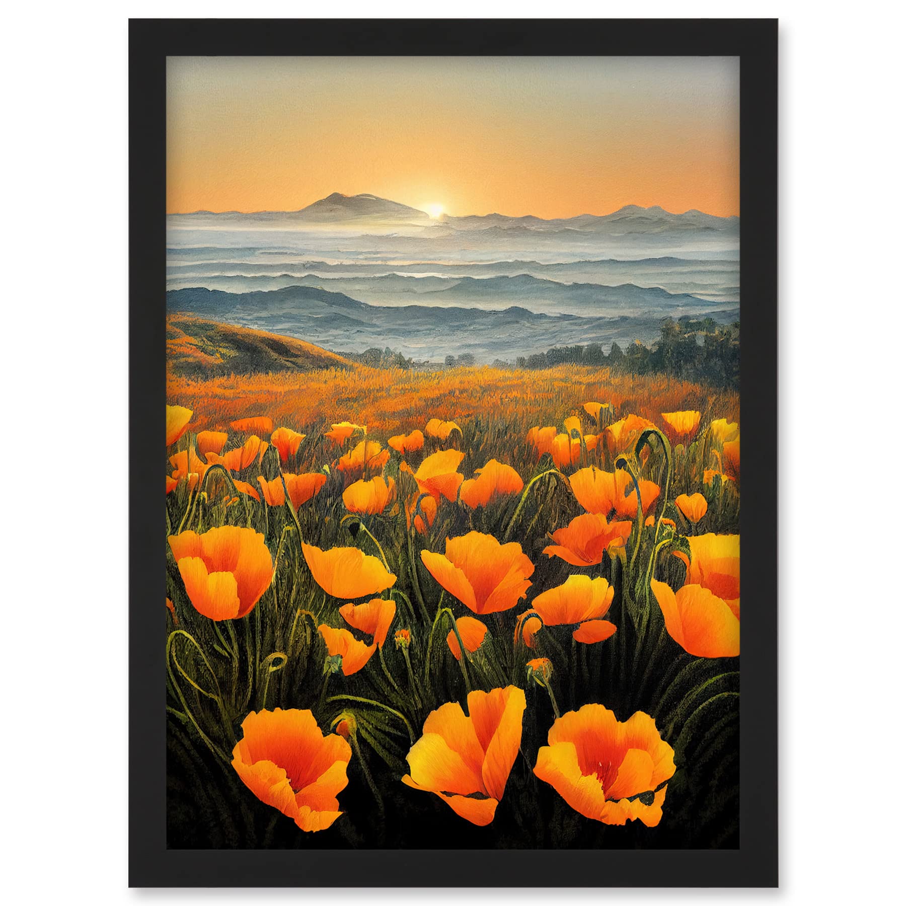 Doppelganger33 LTD Shoreline California Poppies At Sunrise Painting Artwork Framed A3 Wall Art Print