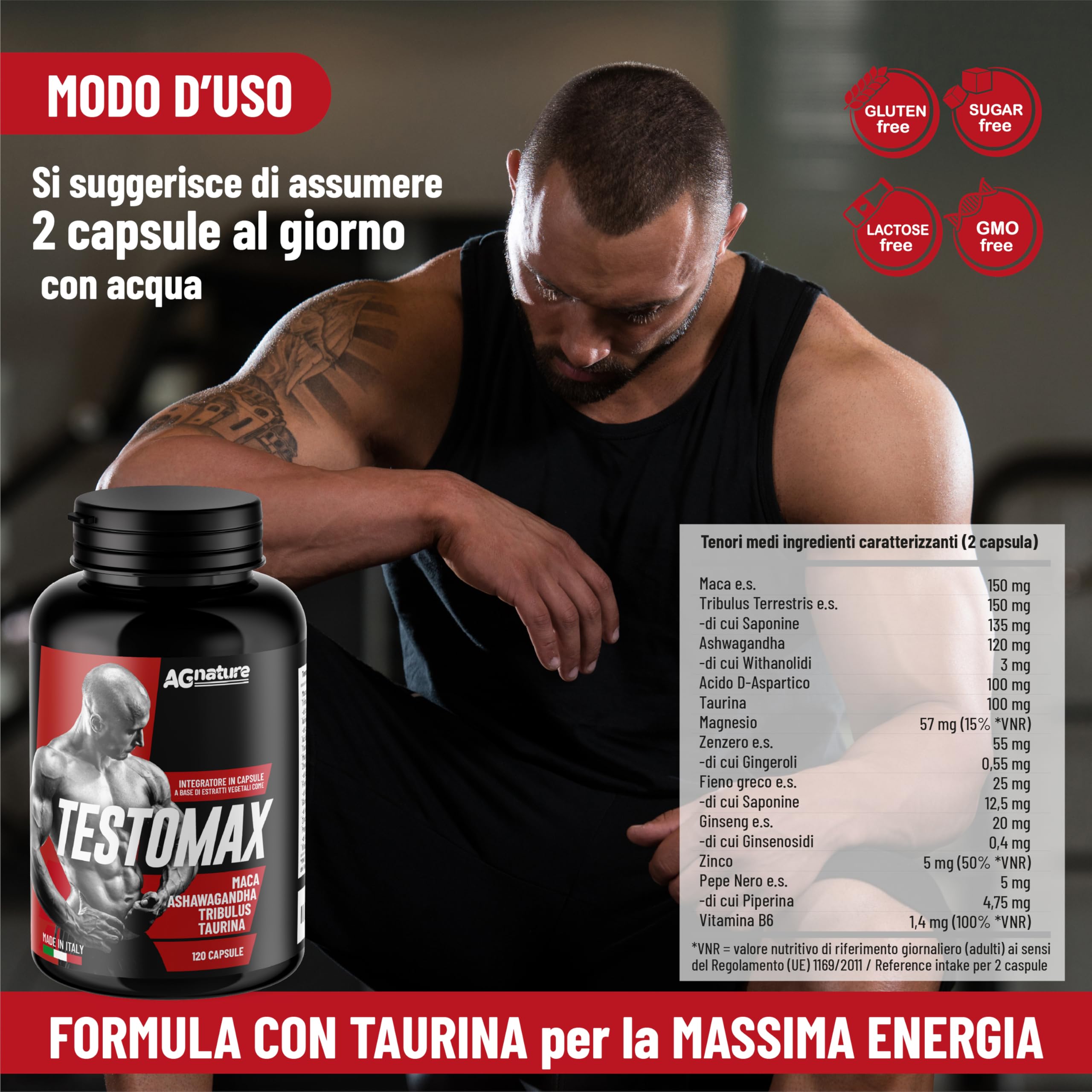 AG nature Testosterona Hombre Aumento Masa Muscular x Gimnasio 120 Cápsulas | Suplemento Fuerte Energizante con Maca Peruana, Magnesio, Zinc y Vitamina B6