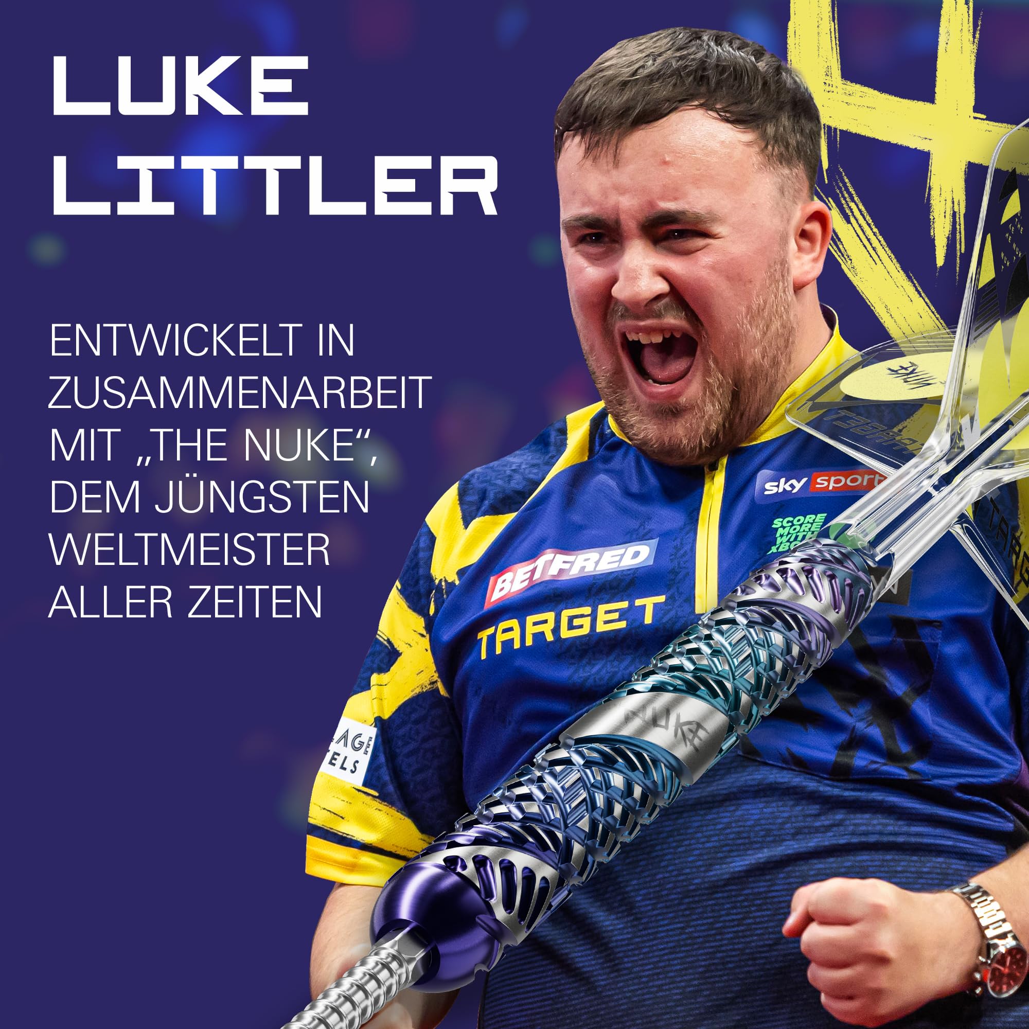 Target Darts Luke Littler Edge Steel Tip Swiss Point Dart Set, 22G/23G/24G | 95% Wolfram-Darts, The Nuke“ Player Edition mit Takoma-Etui, zusätzlichen Fire Points und Nr. 2 K-Flex-Flügeln