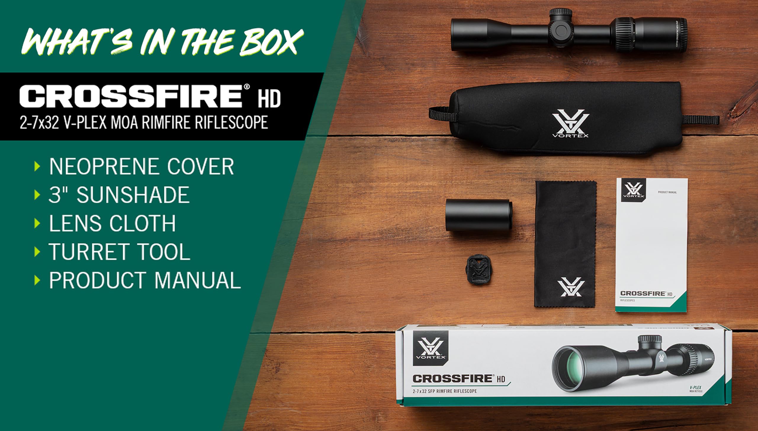 Vortex Crossfire HD 2-7x32 Rimfire Second Focal Plane, 1-inch Tube Riflescope - V-Plex MOA Reticle