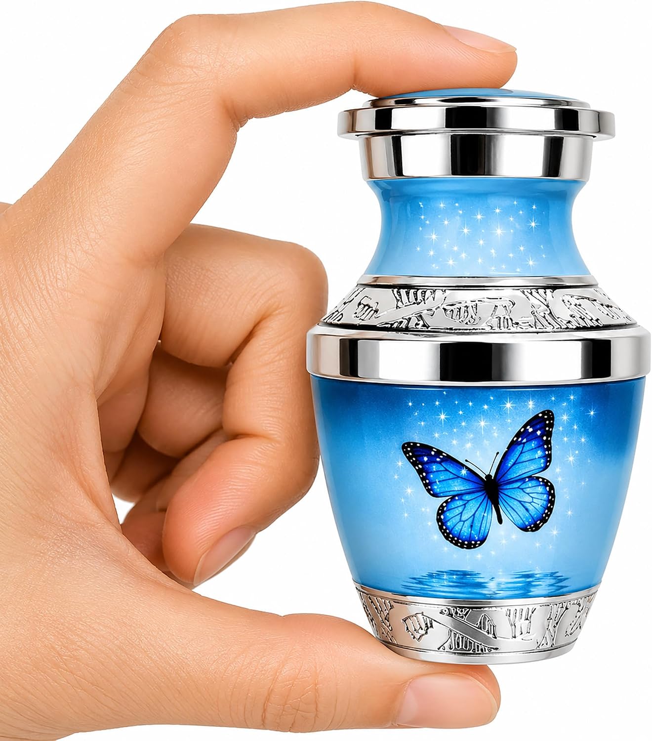 Light Blue Butterfly Heart Keepsake Urn for Human Ashes – Small Sharing Cremation Urn for Adult Female or Male, Memorial Heart with Stand for Men & Women