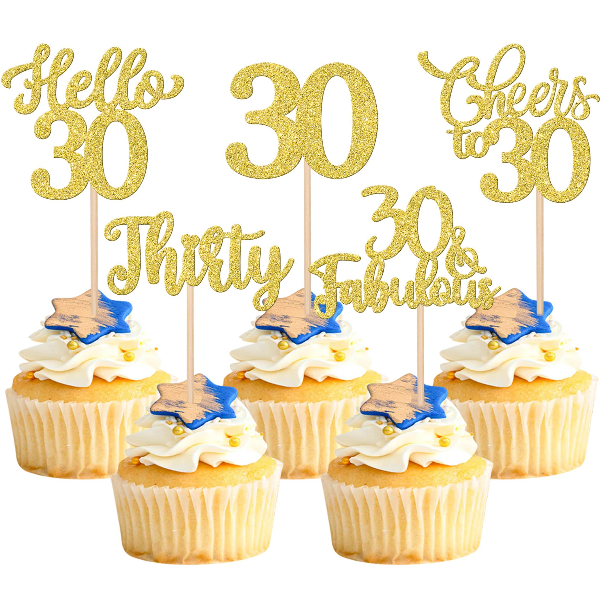 Xsstarmi 30 Pack Happy 30th Birthday Cupcake Toppers Gold Glitter Hello 30 Fabulous Thirty Birthday Cupcake Picks Cheers to 30 Years Cake Decorations for Happy 30th Birthday Party Supplies