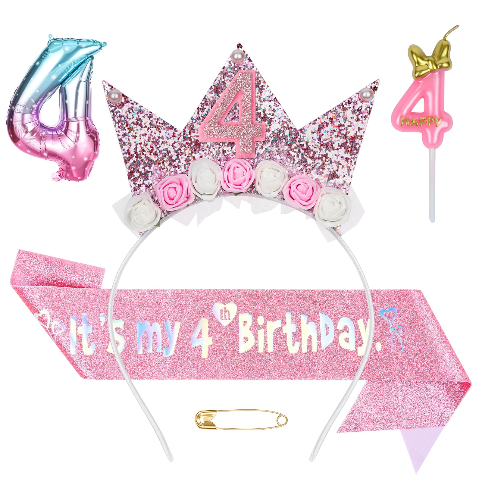 AYBUY Birthday Decorations, 4th Flower Princess Crown Headband and Sash Set