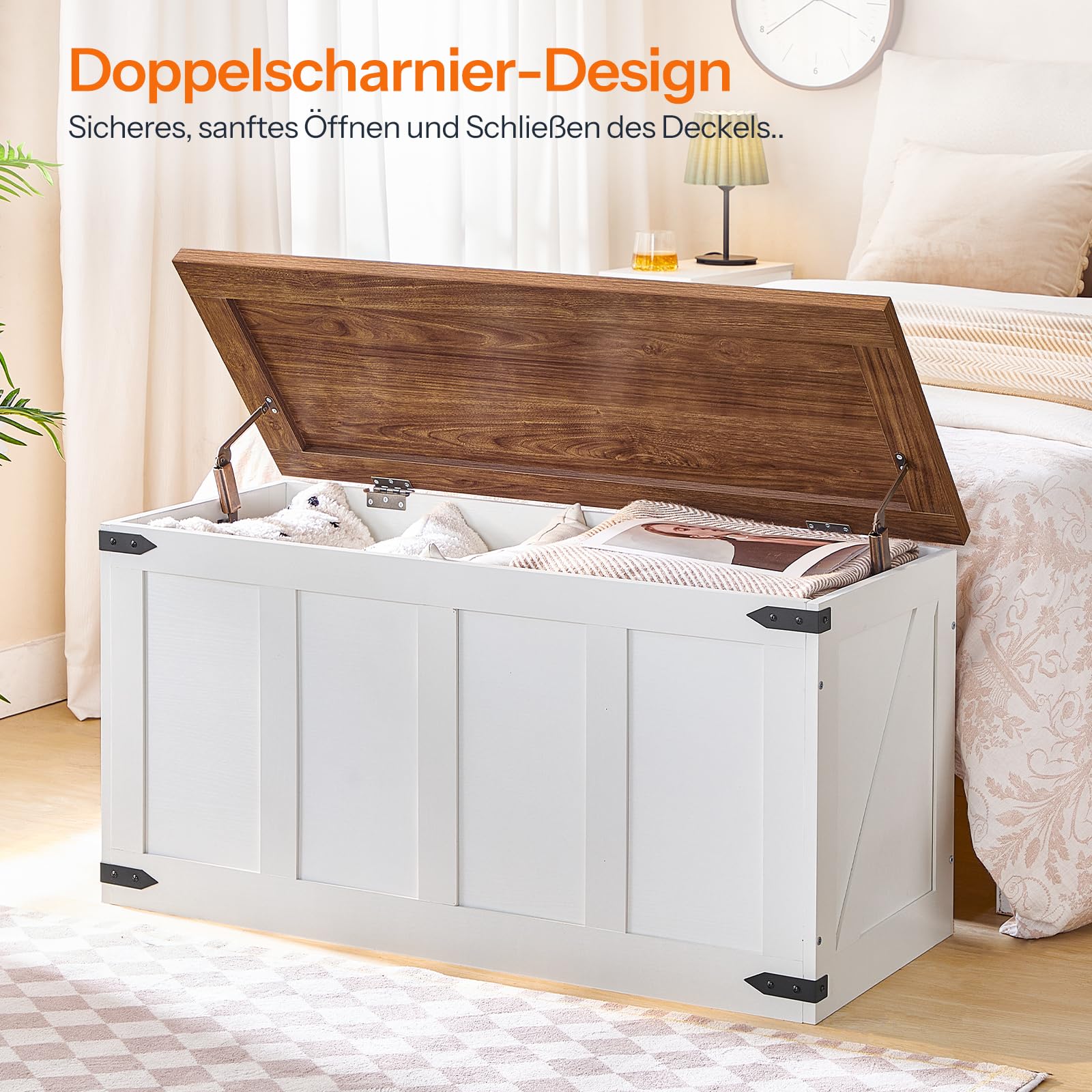 HOOBRO Sitzbank mit Stauraum, Truhen mit Deckel, Spielzeugkiste groß, Schuhbank mit 2 Sicherheitsscharniere, aufbewahrungsbox, 100 x 39 x 50 cm, für Flur, Schlafzimmer Weiß und Walnuss EWH500CW01