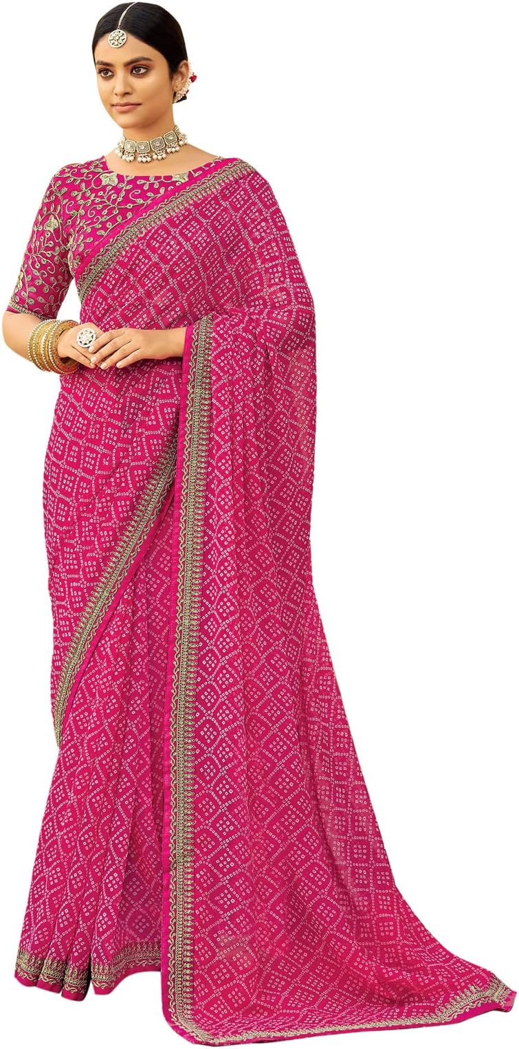 SIRIL Women's Bandhani Printed Embroidery Lace Georgette Saree with Unstitched Blouse Piece