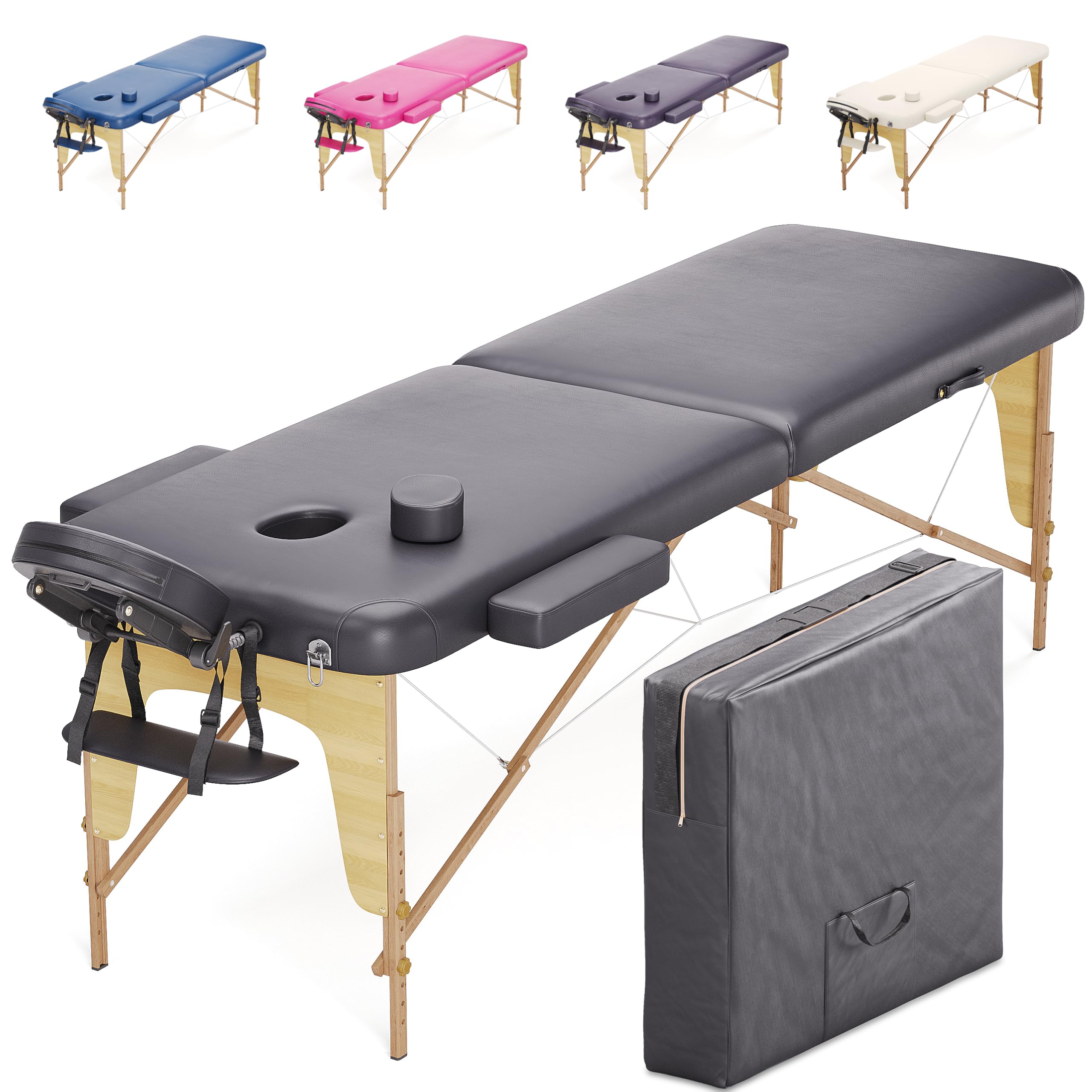 Beltom® Lettino da Massaggio 2 Zone in Legno Portatile 180 x 60 cm. - Borsa da Trasporto - PESA Solo 11,7 kg - Pannello Reiki - Angoli ARROTONDATI E RINFORZATI - Fisioterapia Tatuaggi Relax - Nero - 1