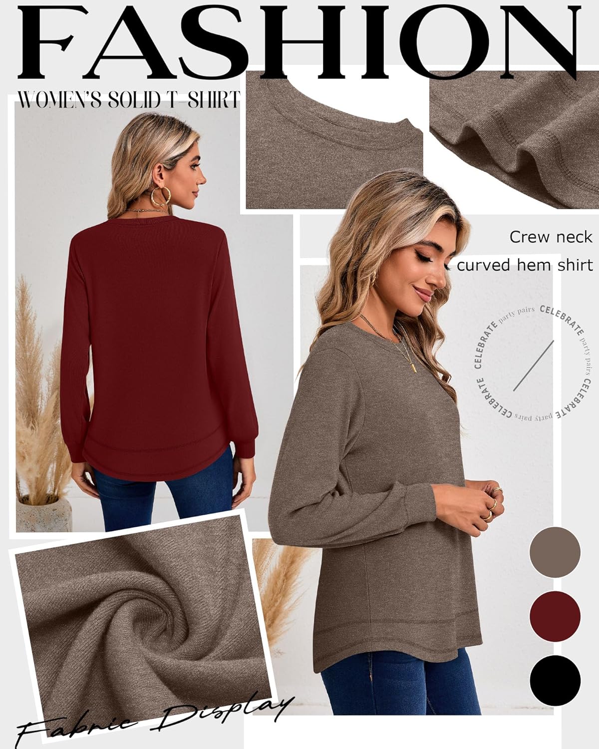 Ficerd 3 Pack Women's Long Sleeve Shirts, Cotton Crew Neck Tunic Tops Casual Loose Fit Pullover Sweatshirts Curved Hem Shirts - Image 4