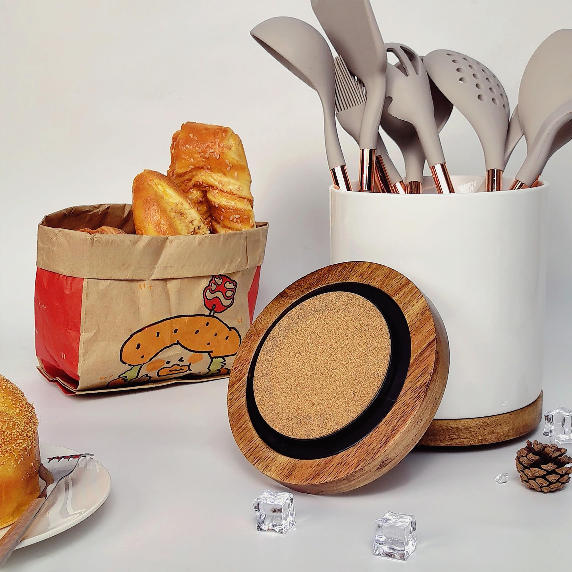 Soporte para utensilios de cocina de cerámica de gran capacidad, de madera de acacia, base giratoria, organizador multiusos