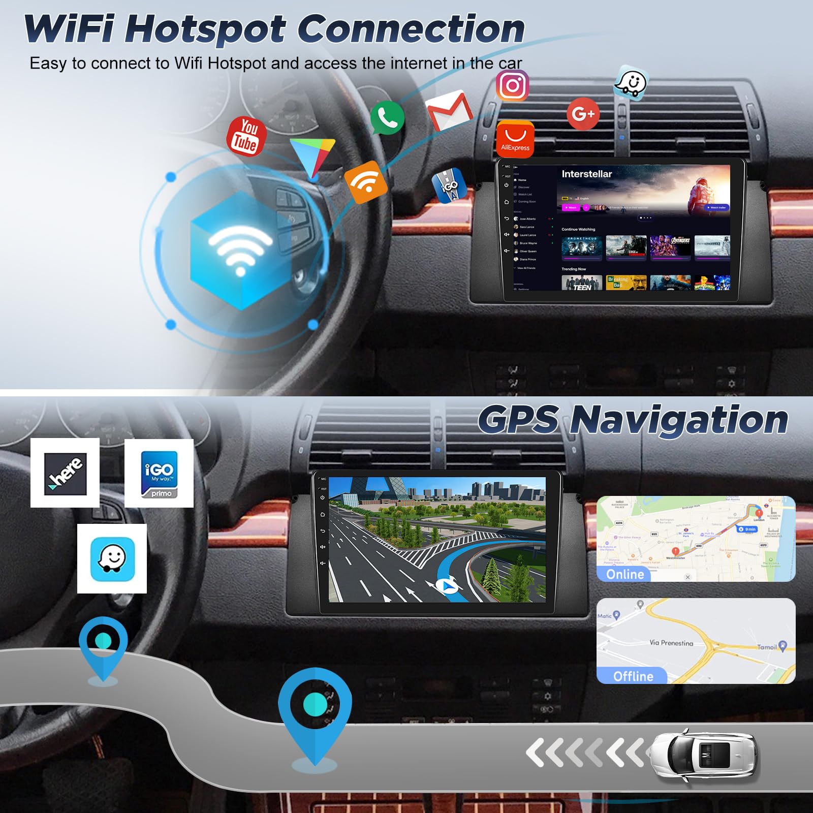Android Autoradio pour BMW X5 E53 1999-2005 avec sans Fil Carplay et Android Auto, Écran Tactile HD de 9 Pouces avec GPS/WiFi/Bluetooth/EQ/FM RDS