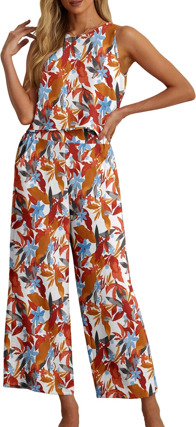 IWOLLENCE Women's Summer 2 Piece Outfits Set Round neck Sleeveless Tank Crop Top Wide Leg pants Set Pockets Jumpsuits