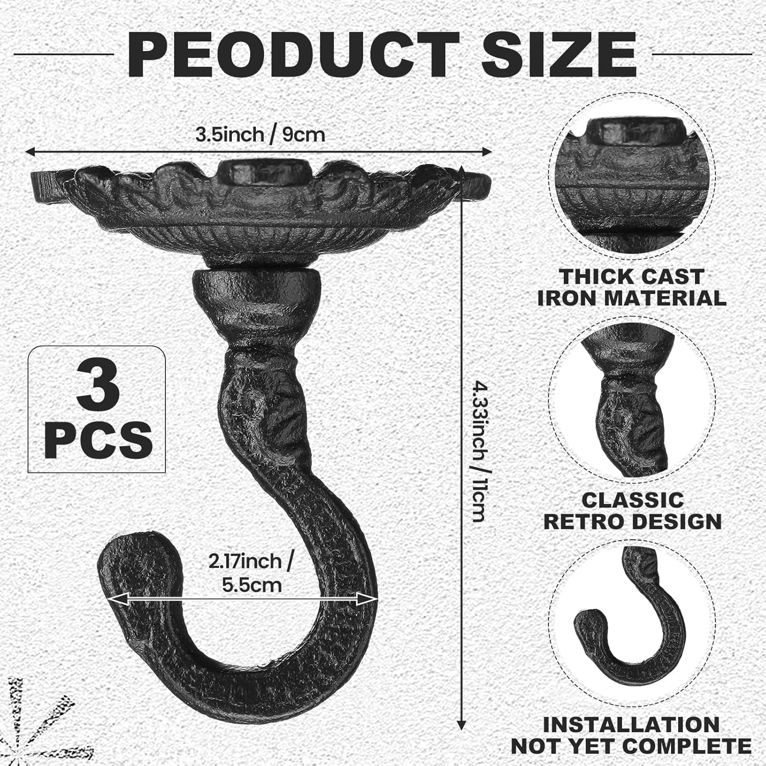 3 Pack Heavy Duty Cast Iron Ceiling Hooks 3.5x3.9 Inch Vintage Decorative Plant Hangers Rust-Resistant Ceiling Swag Hooks for Hanging Plants, Wall, Lanterns, Wind Chimes