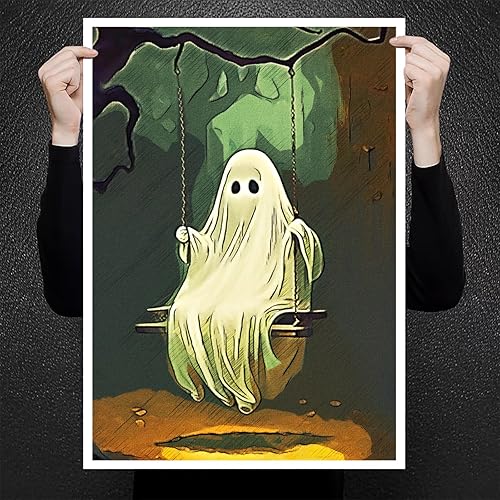 Miniatura 3 de Lienzo decorativo para pared de fantasma, divertido póster de fantasma en columpio de bosque, impresión artística de Halloween (18 x 12 pulgadas,