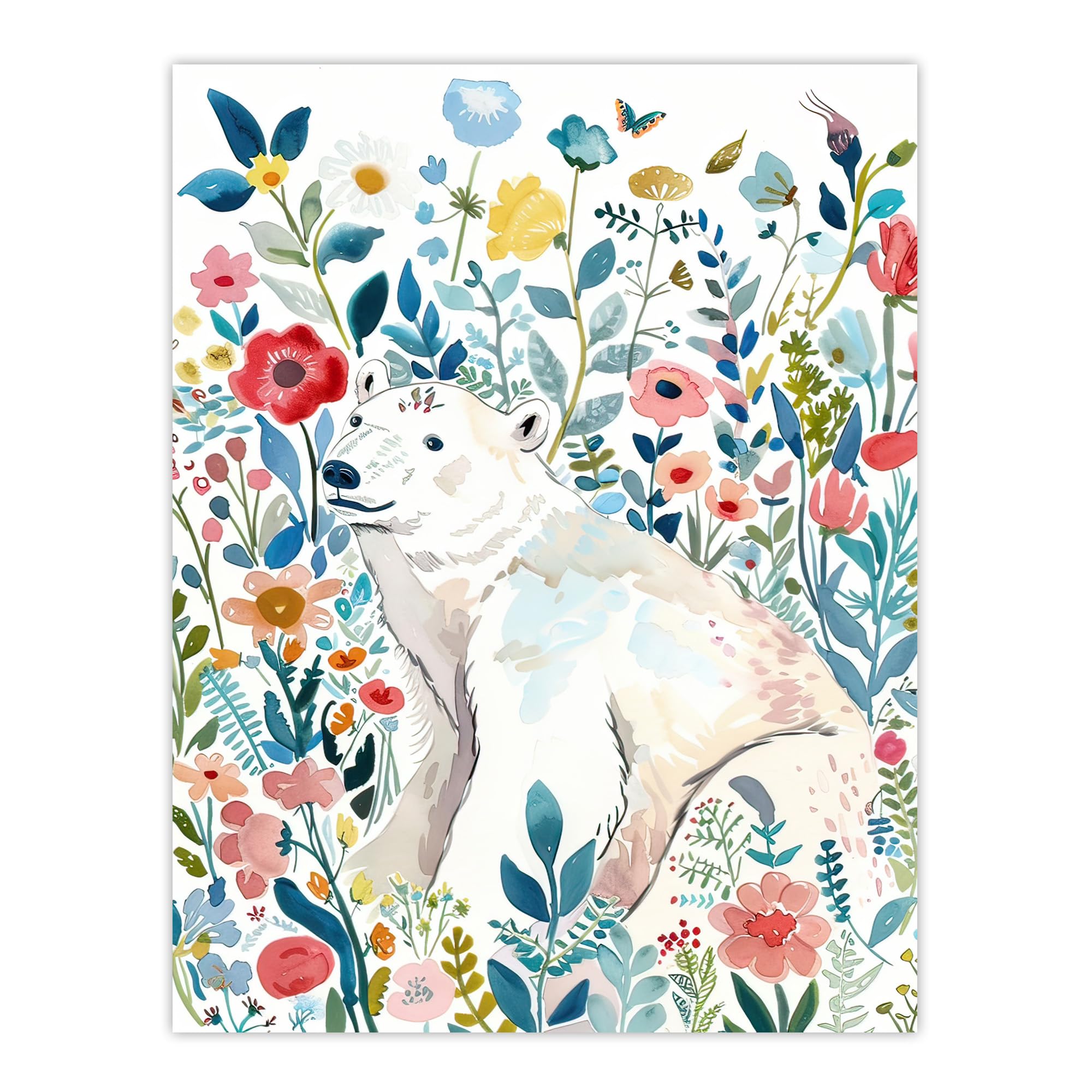 Artery8 - Watercolour Print - Polar Bear Basking Wildflower Field - W24 inch x H32 inch