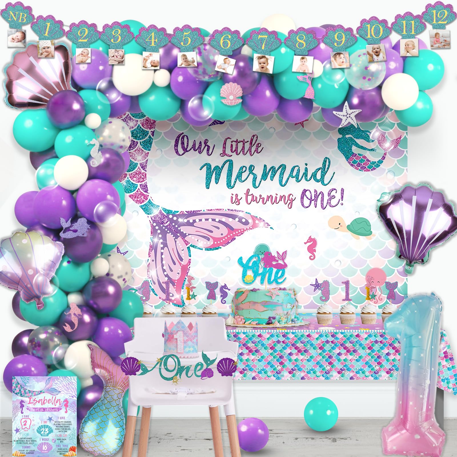 Fiesec Mermaid Birthday Decorations 1 Year Old Girl, Mermaid 1st Party Decorations Backdrop Balloon Garland Monthly Photo High Chair Banner Crown