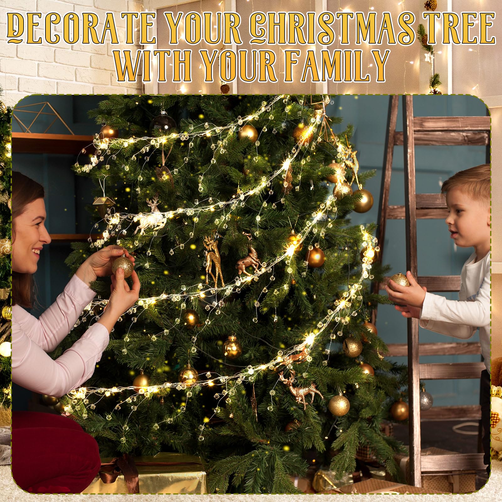 Glooglitter Décoration de sapin de Noël, guirlande lumineuse en cristal de 29,9 m, 300 LED en fil de cuivre avec ornements en forme de goutte, décoration scintillante pour Noël d'hiver et d'intérieur