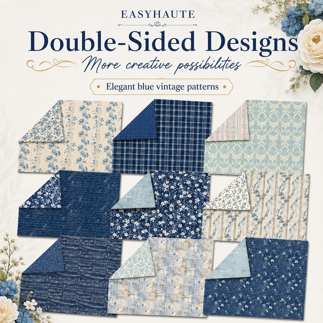 Navy Aesthetic Scrapbook Paper 12x12 Double Sided, Blue Floral & Music Script Patterned Paper Pad - Decorative Craft Cardstock & Scrapbooking Supplies for Photo Albums, 24 Sheets