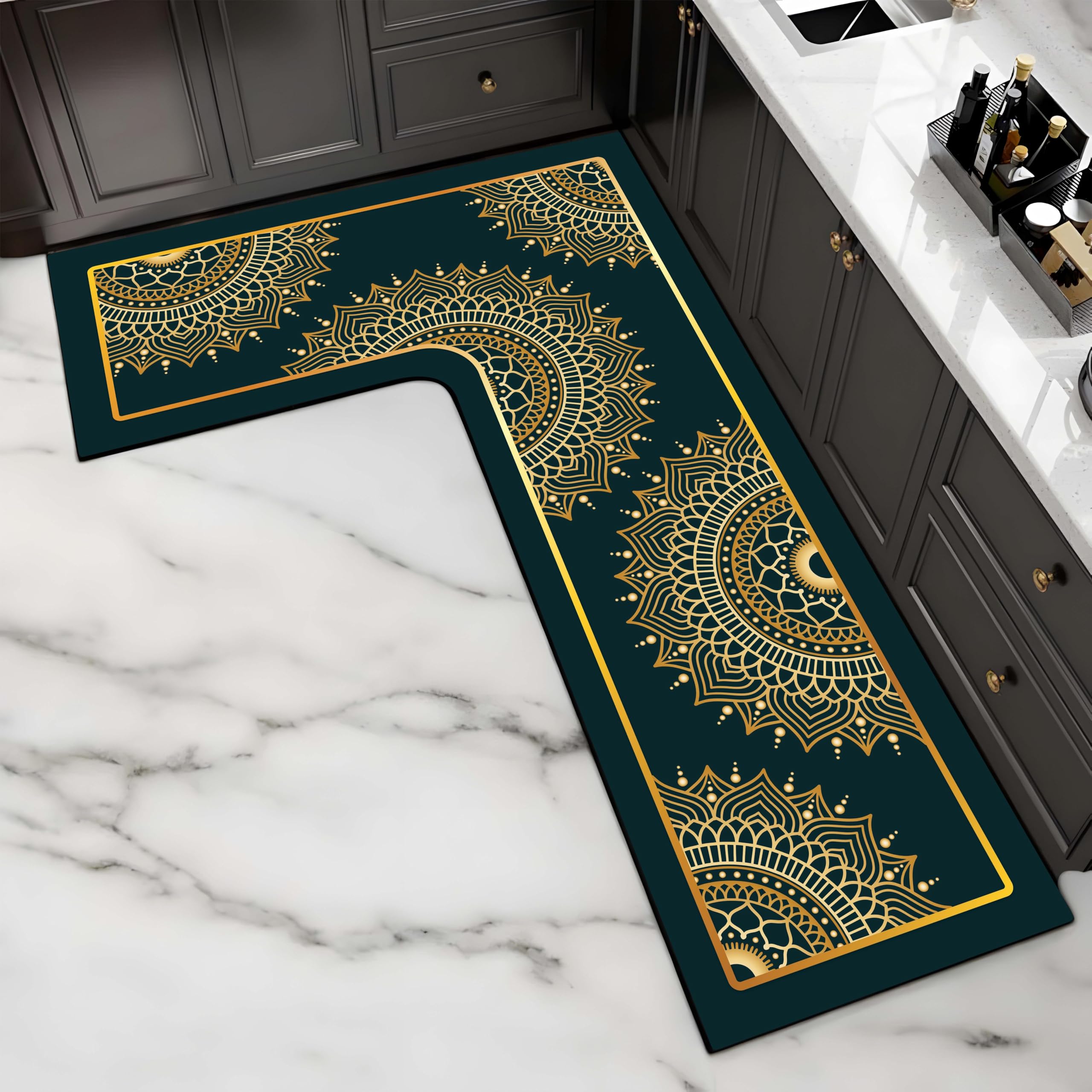 TURTLEWINGS L Shape Kitchen Floor Mat 120×80×40 cm – Absorbent Quick Dry Anti Slip Rubber Back Corner Mat | Washable Kitchen Runner Rug Carpet Galicha | 3 mm Thin (Dark Green Golden Mandala Design)-picture-14