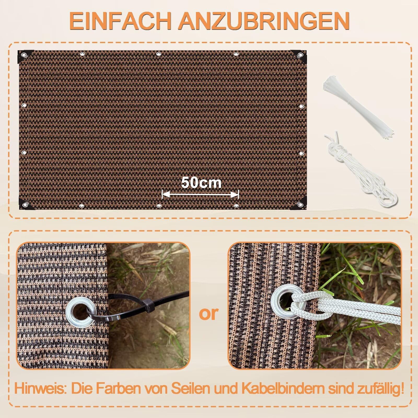 Sonnenschutz Balkon 150x250cm, Balcony Fence Wasserdurchlässig Zaun Sichtschutz mit Kabelbinder und Seil für Zaun Pavillon Balkongeländer - Beige