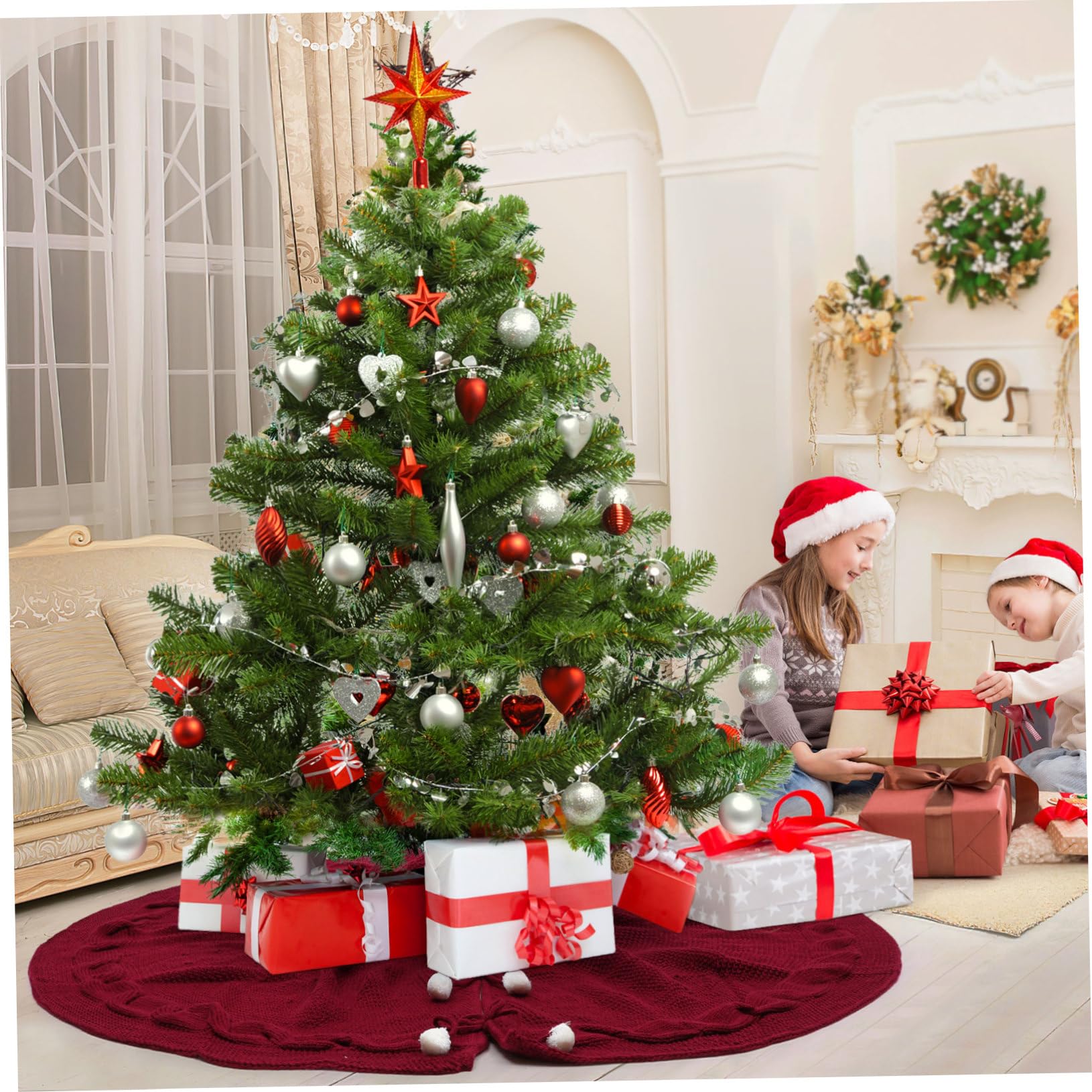 1pezzi Gonna Per Albero Di Natale Di Rosso Grembiule Decorativo Imitazione Lana Maglia Copri Albero Natale Creativo Per Casa Negozi e Hotel Aggiunta Di Atmosfera Festiva