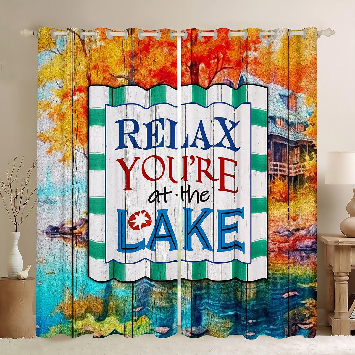 Rustic Wooden Door Window Curtain Lake House Curtains Kids Girls Boys Teens Room Decor Watercolor Fall Lake View Window Treatment Curtain Relax You're at The Lake Window Drapes,Top 2 Panel,42Wx84L