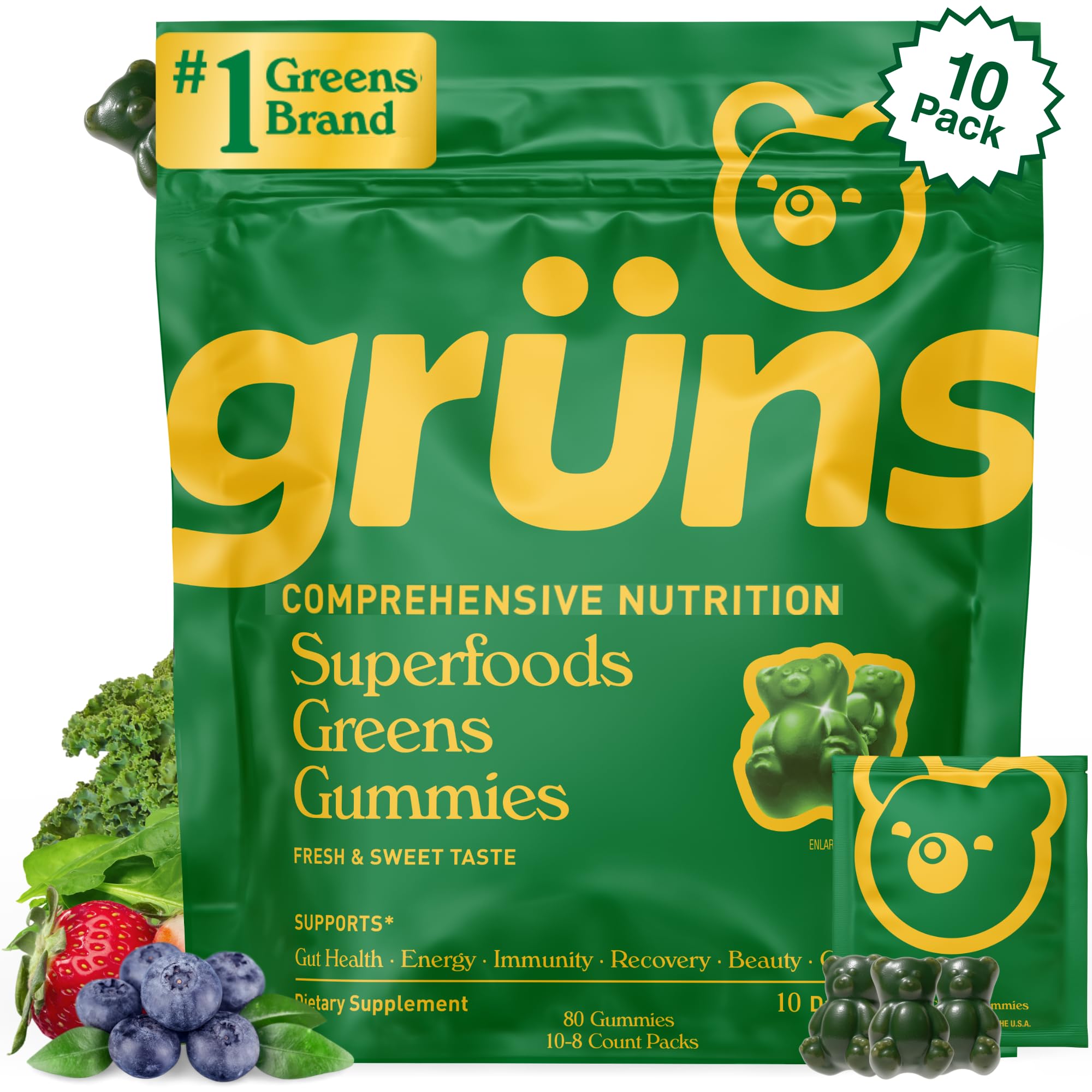 Gruns Adults Super Greens Gummies Multivitamin Superfood Gummy Bears Spirulina Chlorella Prebiotics Fiber Gummies for Digestive Health Adaptogens