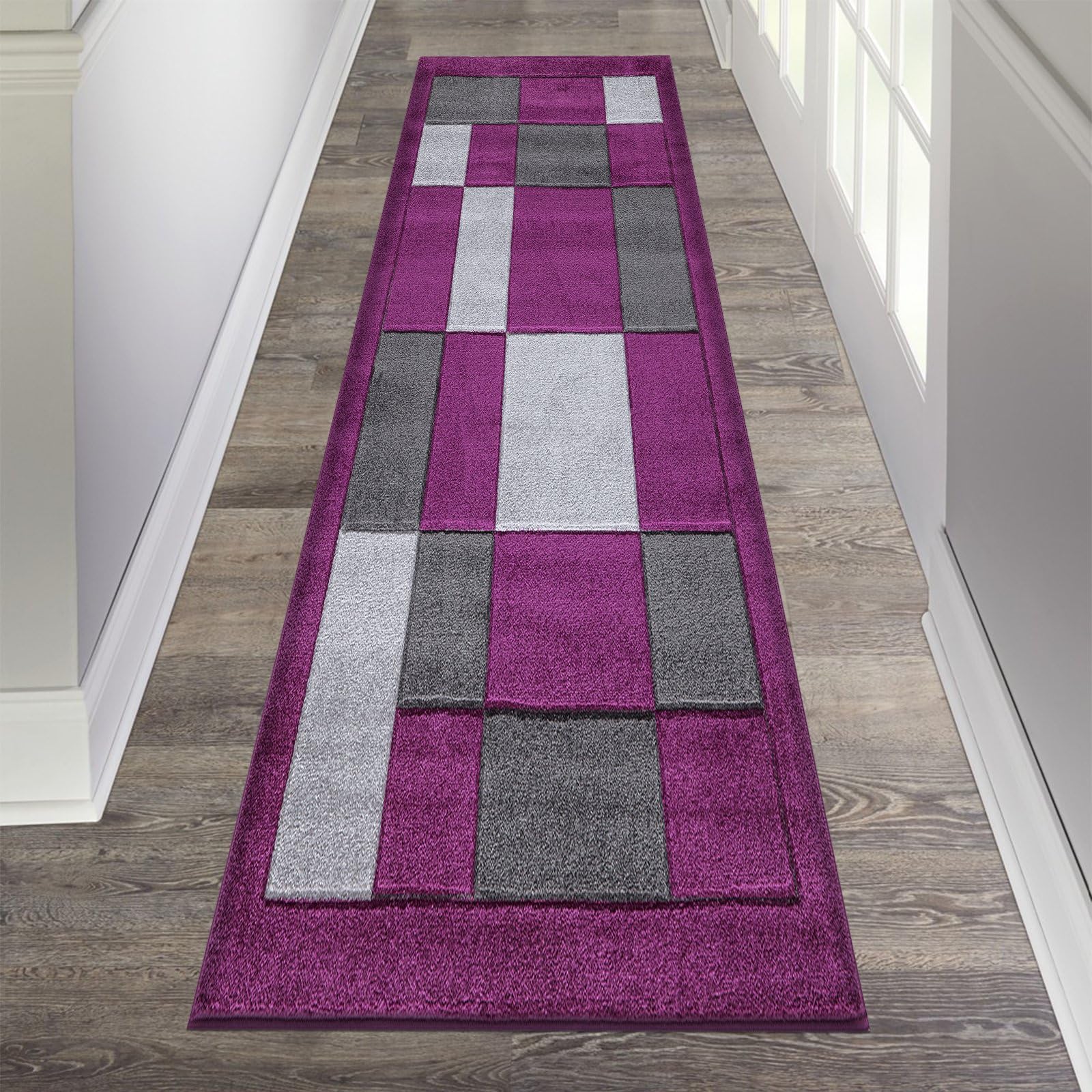 renoazul® Carpet Runner for Hallways, Kitchen, Living Room and Bedroom, 80 x 300 cm, Purple Grey, Washable Durable Squared Design Carpet Runner — image 1