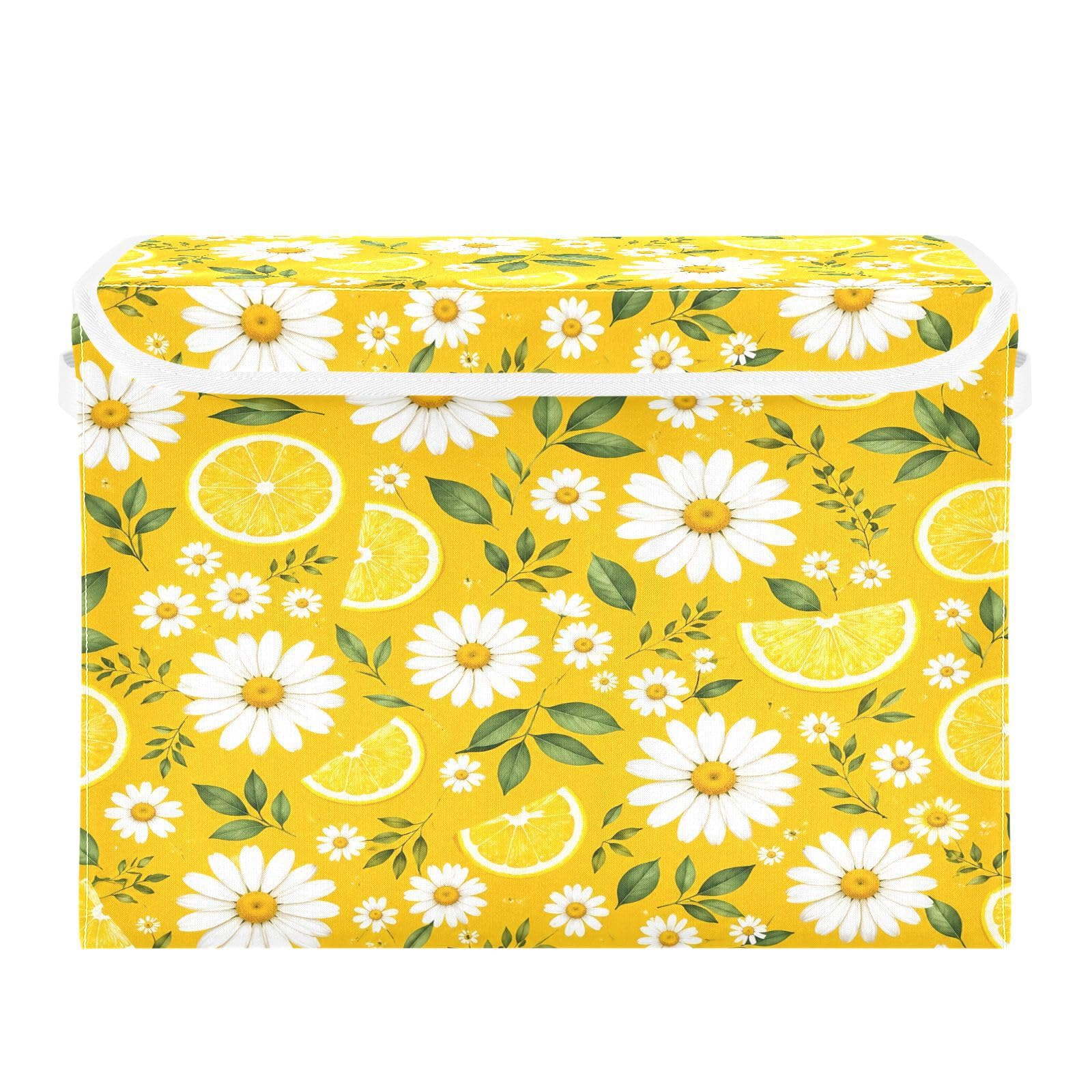 Ewusp Daisy Lemon Fabric Storage Bin with Lid, Decorative Foldable Storage Basket with Handles, Stackable Closet Shelf Organiser Box for Clothes, Books, Bedroom, Living Room