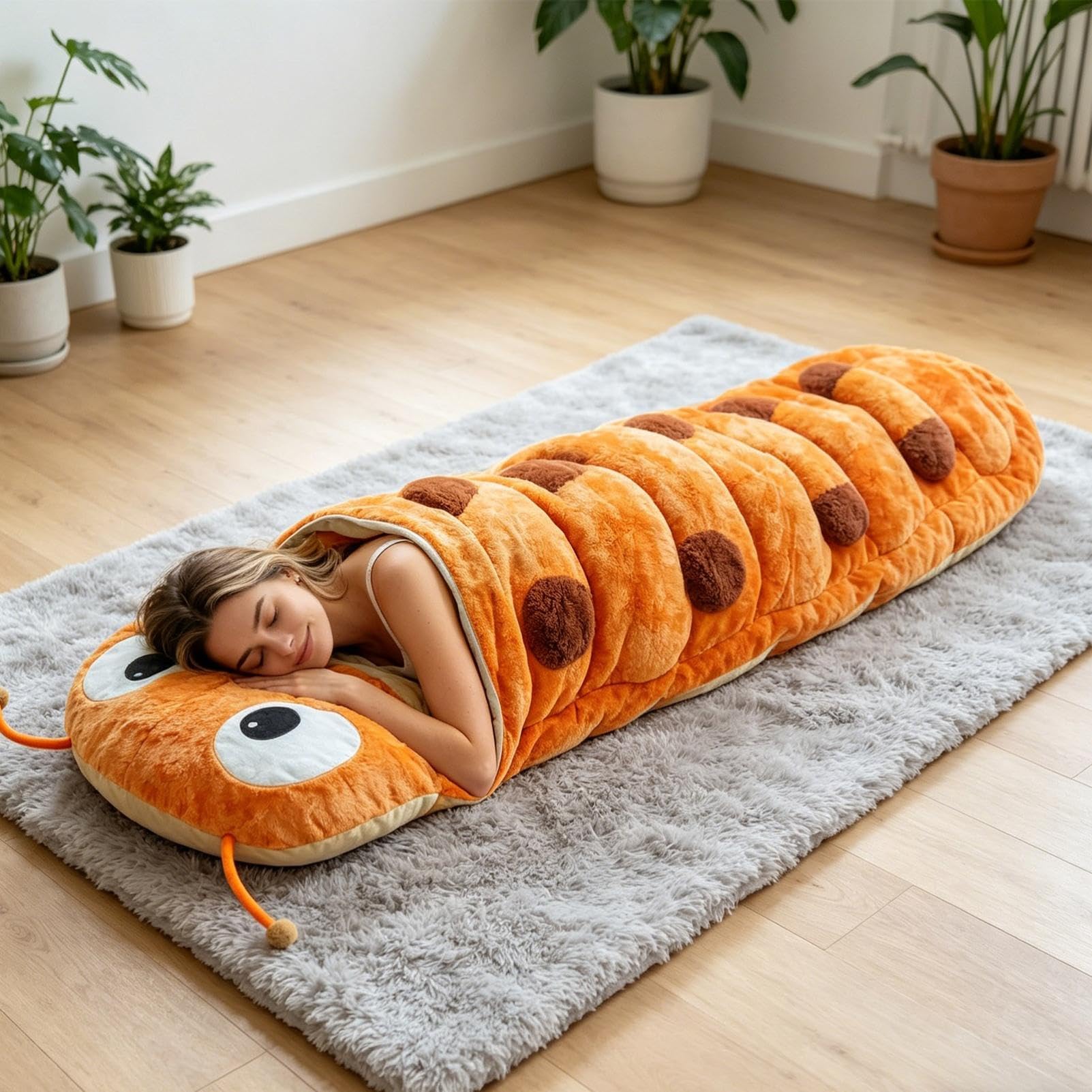 Hugging Caterpillar Schlafsack Plüsch Kokon Ganzkörperliege Indoor Nap Pod Zugkordel Umarmungssystem Lesenest Tierschlafsack Erwachsene