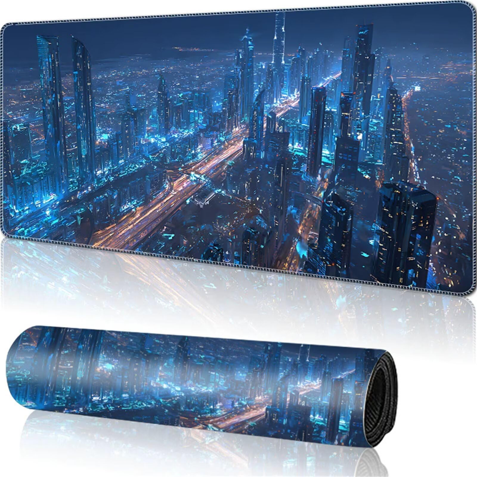 Tappetino Mouse XXL 700x400x3mm Notti nella Città Blu tappetino per mouse Gaming,Base Antiscivolo,con Bordi Cuciti,Sottomano Grande Dimensione per Uffici e Scrivanie da Gioco