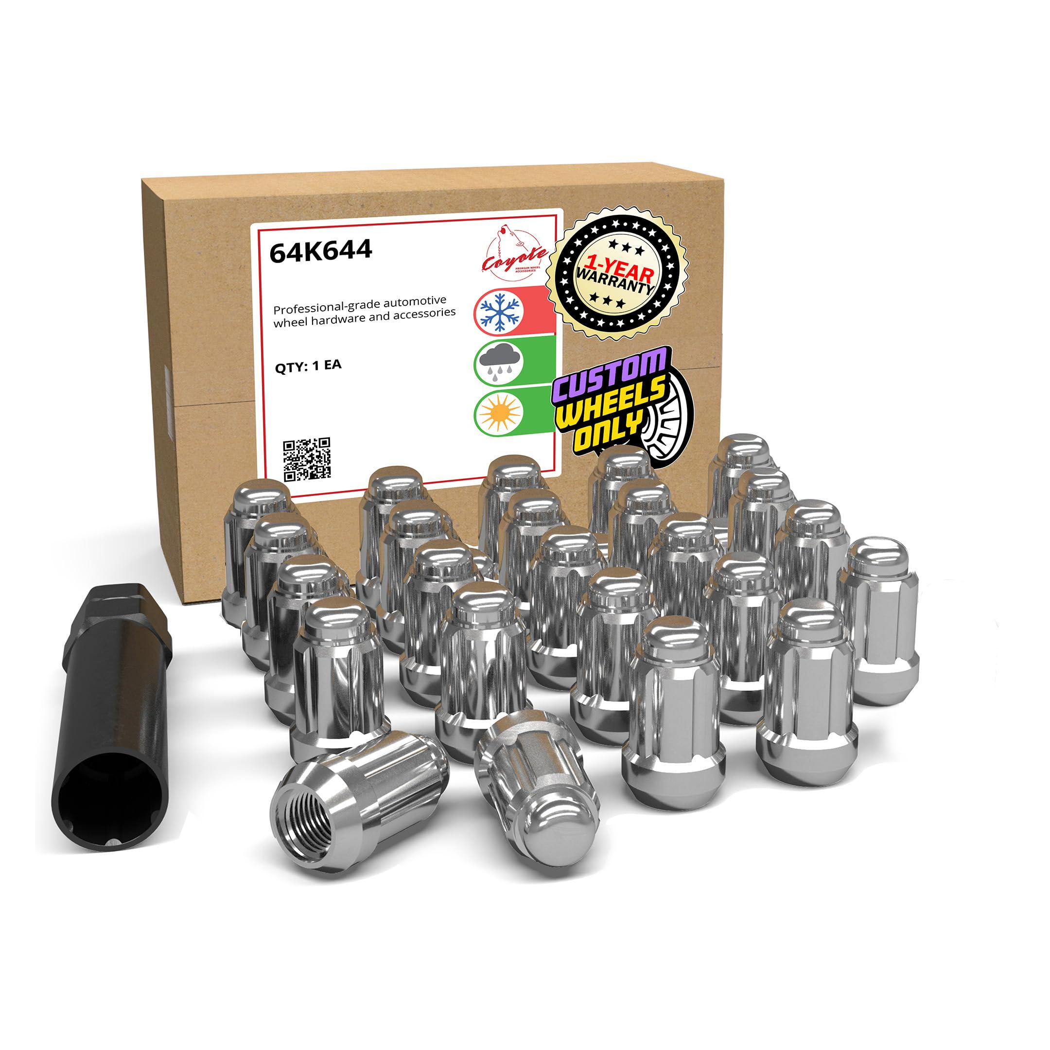 Wheel Accessories Parts 24 Pcs 12mm 1.25 12x1.25 Thread Car Spline 1.38" Long Lug Nut Chrome Spline Fits Nissan Titan (Non XD) with Aftermarket Wheels