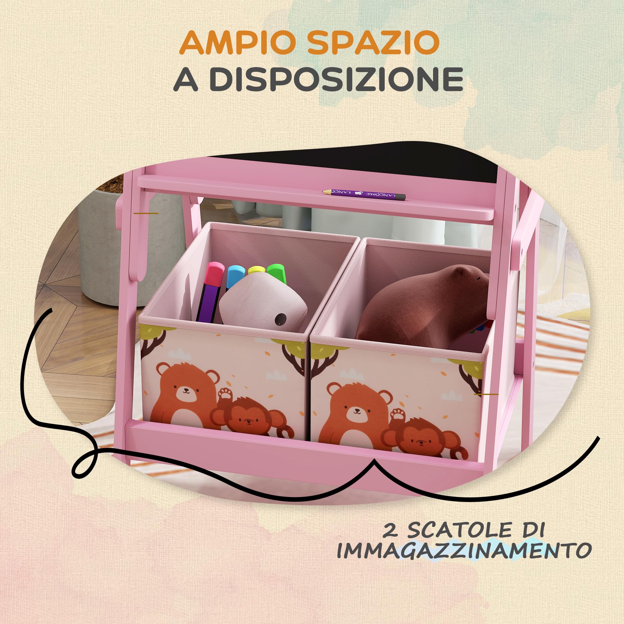 AIYAPLAY Cavalletto Artistico per Bambini 3-8 Anni con Lavagna Bianca, Lavagna Nera e 2 Cestini Contenitori, Cavalletto per Bambini in Legno, 53.5x49x113 cm, Rosa