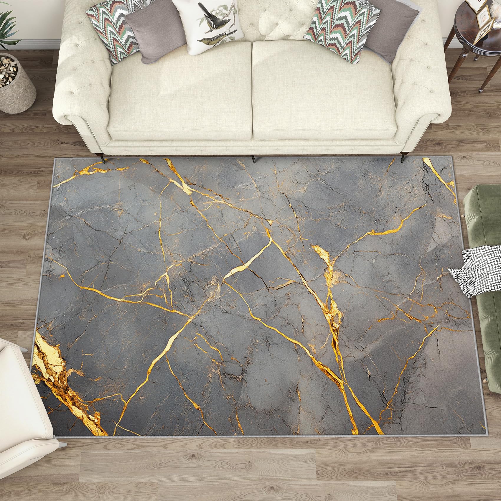 Marmor Teppich Wohnzimmer 240x340 Modern Abstrakt Grau Gold Deko, Großer Teppich Kurzflor, Weich rutschfest Waschbare Teppiche, Bettvorleger Schlafzimmer Kinderzimmer