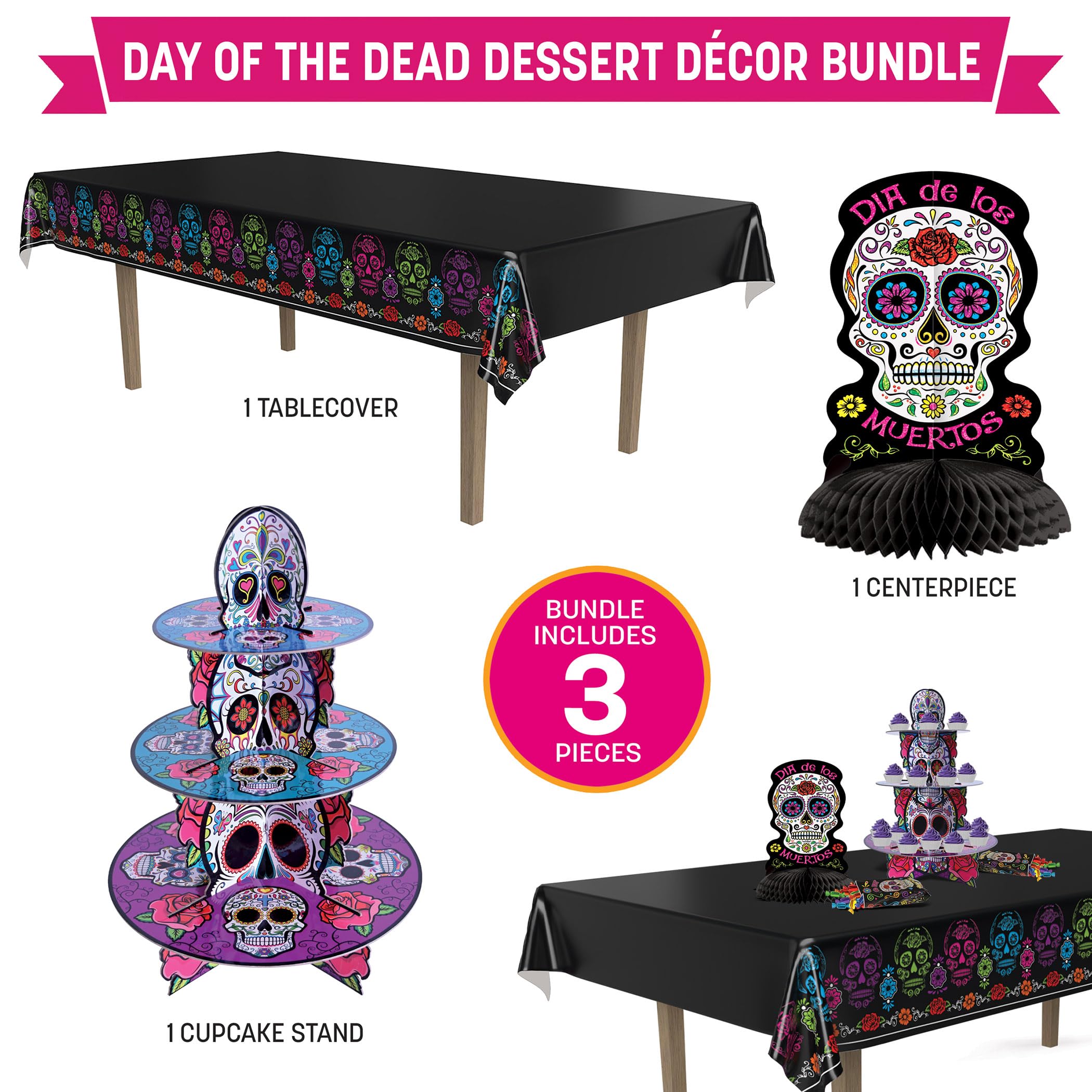 Beistle Day of the Dead - Set di decorazioni da tavola a forma di teschio | Include tovaglia in plastica a tre livelli per cupcake e centrotavola glitterato per tavoli da dessert e buffet