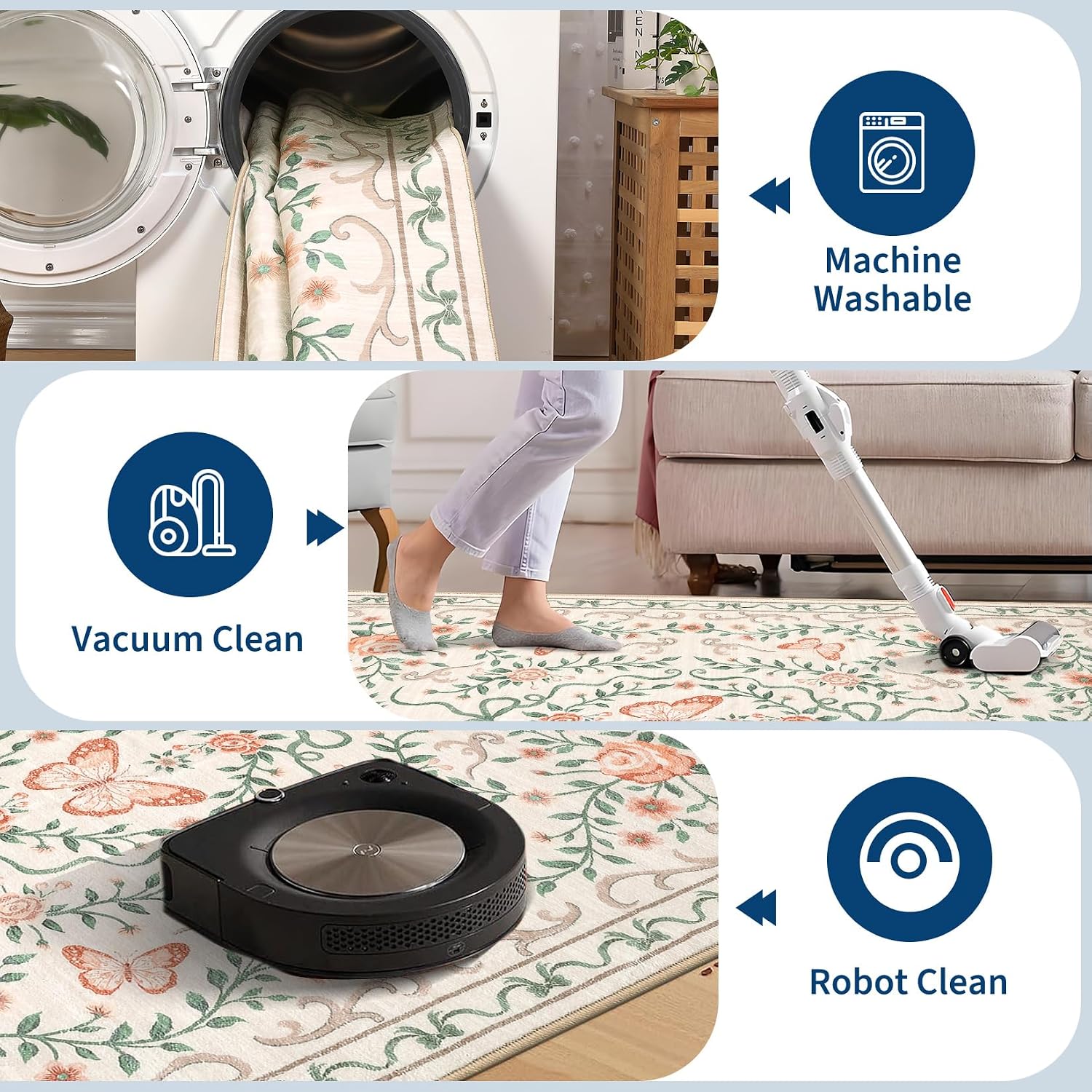 GarveeHome Washable Floral Area Rug 5x7 for Valentine Non Slip Bedroom Rug Soft Stain Resistant Large Dining Room Throw Carpet Low Pile Beige Bow Rugs Butterfly Flower Carpet for Living Room, 5x7