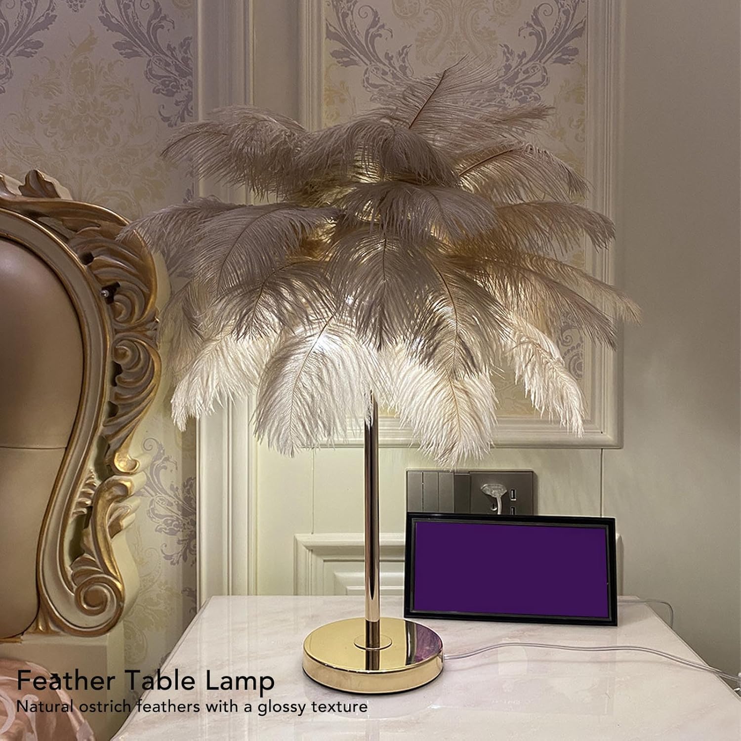 Ostrich Table Lamp, 30PCS Feathers 3 Color Dimming Cordless USB Rechargeable Touch Control Desk Night Light, Modern Decorative Bedside Lamp Bulb Included for Bedroom Living (Camel