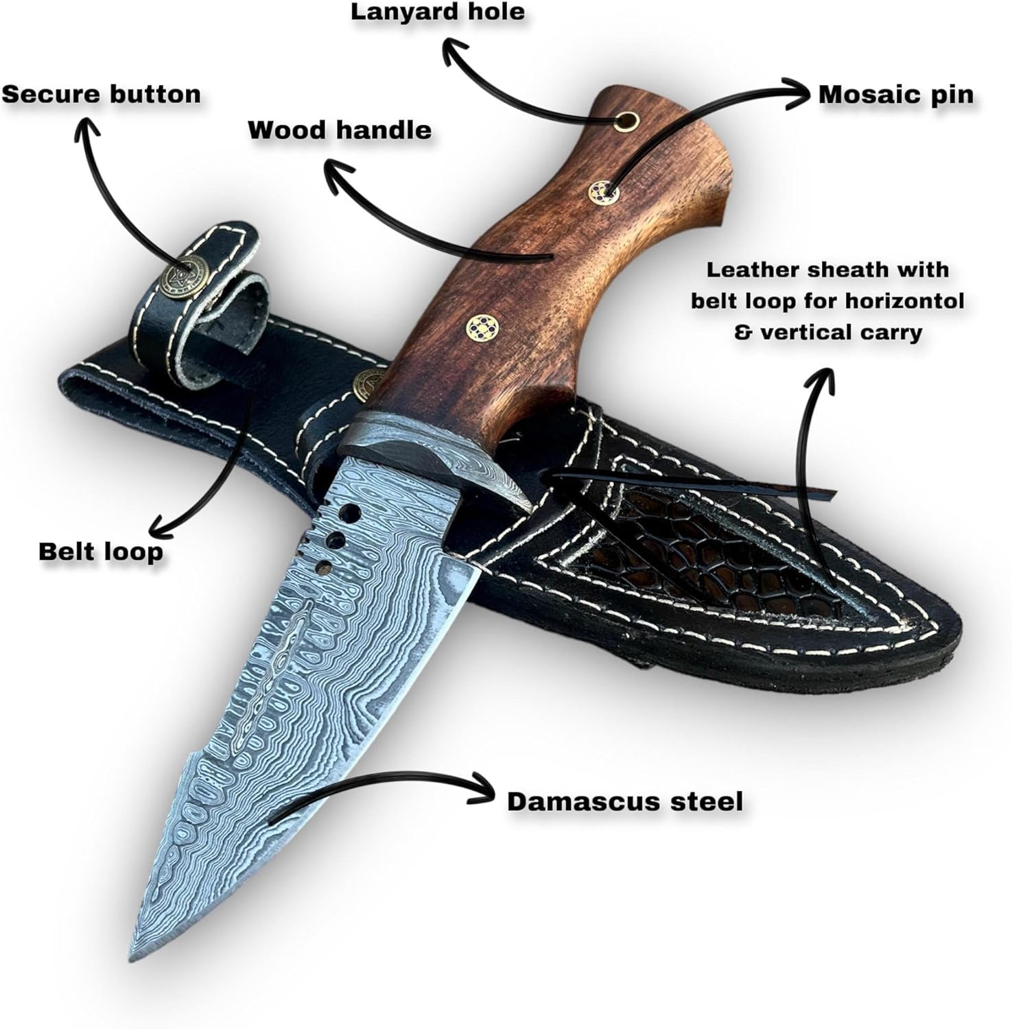 Custom Handmade Damascus Hunting Knife,10"Fixed Blade Bowie Knife with Horizontal Carry Sheath,Real Damascus Steel Knives with Rose Wood Handle and Belt knife ,EDC Full Tang Knives for men women, Adventure,Survival,Hiking,Camping,Gifts for Men Women - Image 3