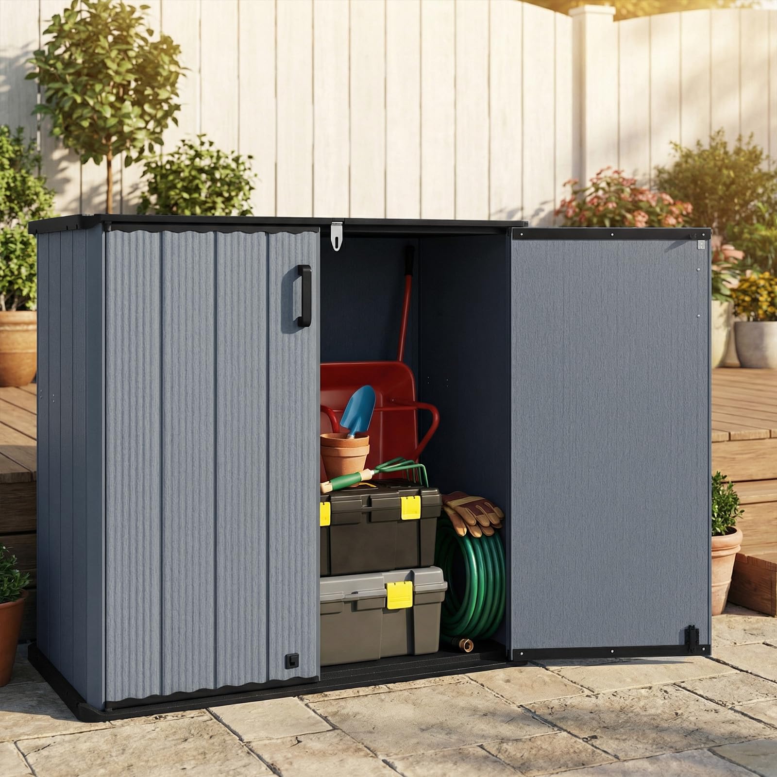 COSTWAY Armadio da Esterno e Interno Impermeabile, Mobile Contenitore per Attrezzi in Plastica PP e HDPE con Porta con Serratura e Tetto scanalato di Drenaggio, 120 x 65 x 117 cm (Grigio)