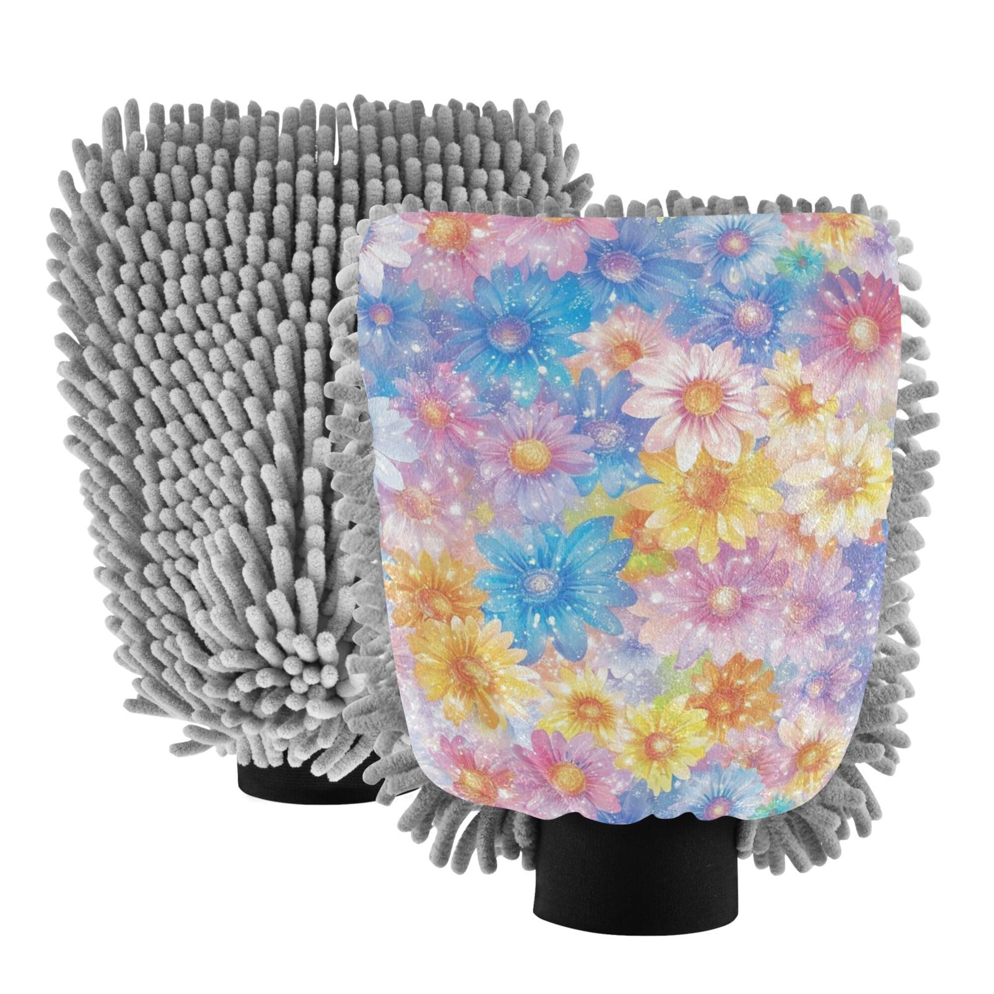 Beautiful Flowers Microfiber Car Wash Mitt 2 Pack Gloves for Cars Washing Scratch Free Detailing Gloves for Auto Supplies