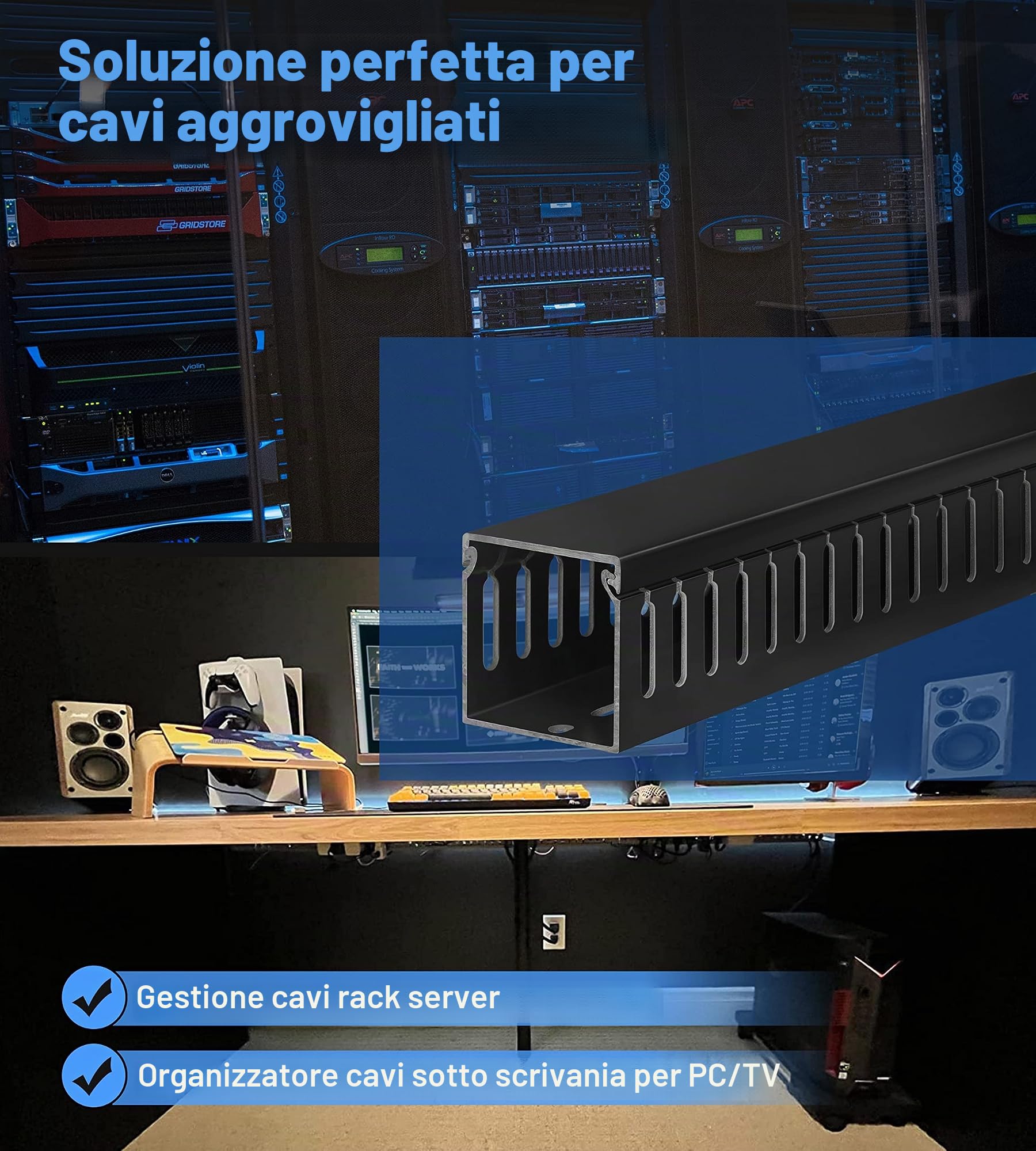 ZhiYo, Canalina professionale per la gestione dei cavi in ​​rack server (altezza 5 cm x larghezza 5 cm), kit da 167,7 cm (4 pezzi da 42 cm), canalina a fessura aperta in PVC, colore nero