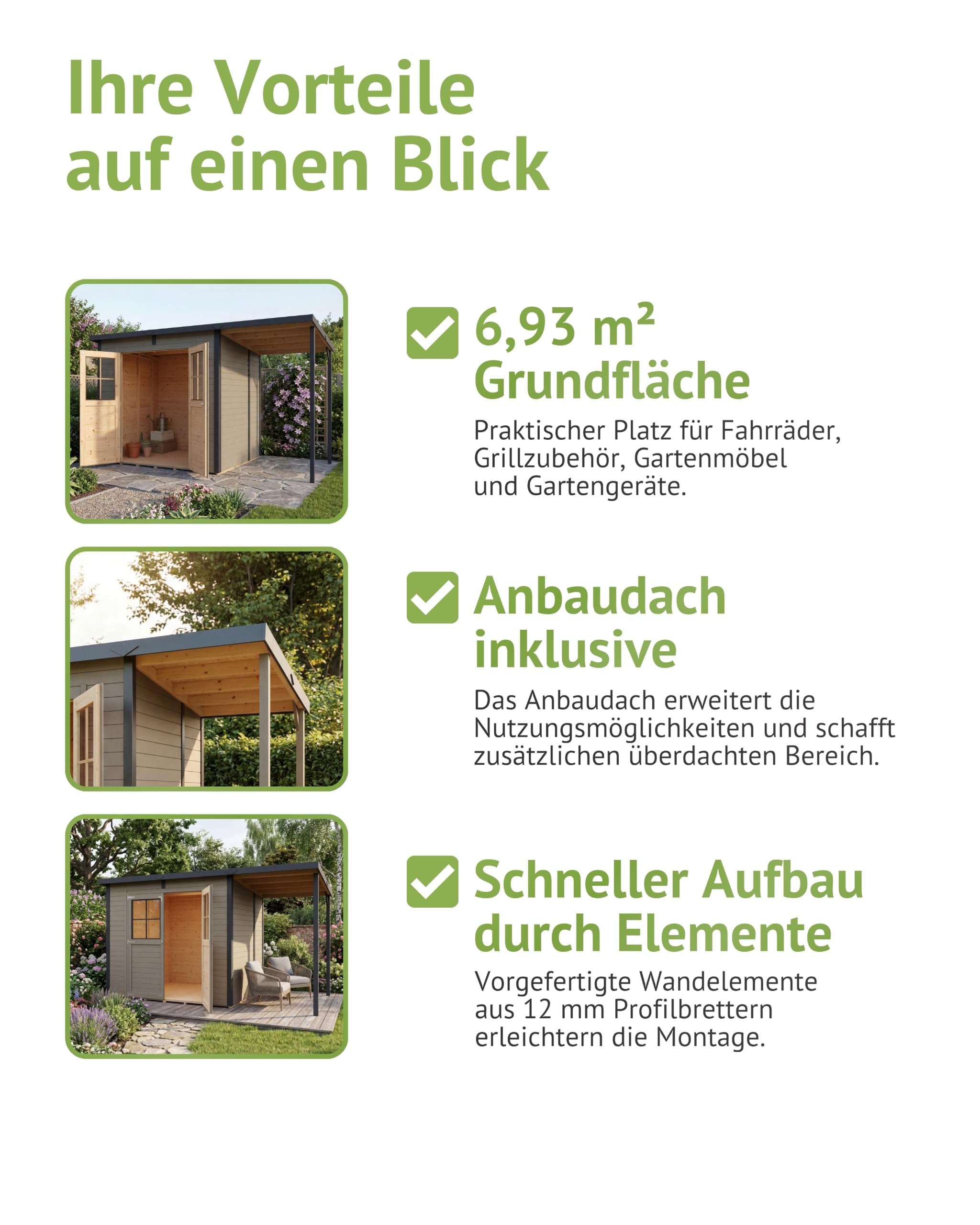 Steiner Shopping Gartenhaus Ense 03 | 12 mm Elementgartenhaus aus nordischer Fichte I Außenmaß 395 x 200 cm I Mit Anbaudach, Fußboden & Pultdach
