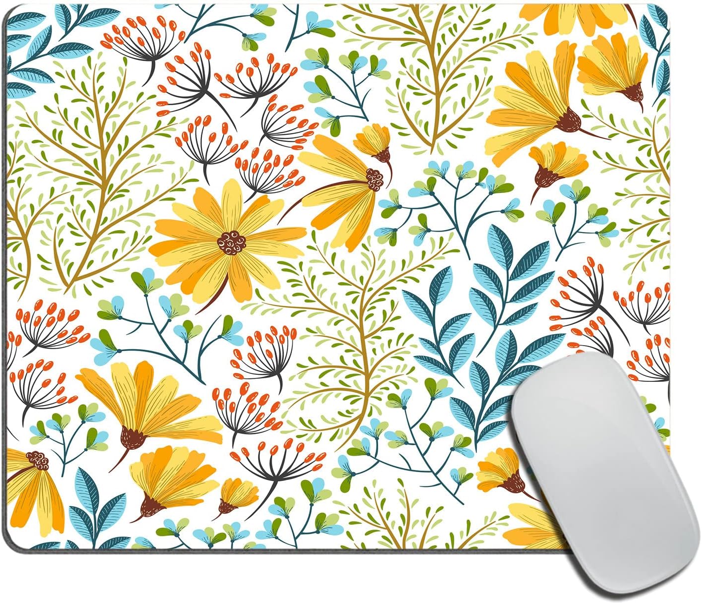 Floral Mouse Pad,Decorative Colorful Flowers Blue Leaves Mouse Pad, Washable Square Cloth Mousepad for Office Laptop, Non-Slip Rubber Base Mouse Pads for Wireless Mouse 9.5x7.9x0.12 Inch
