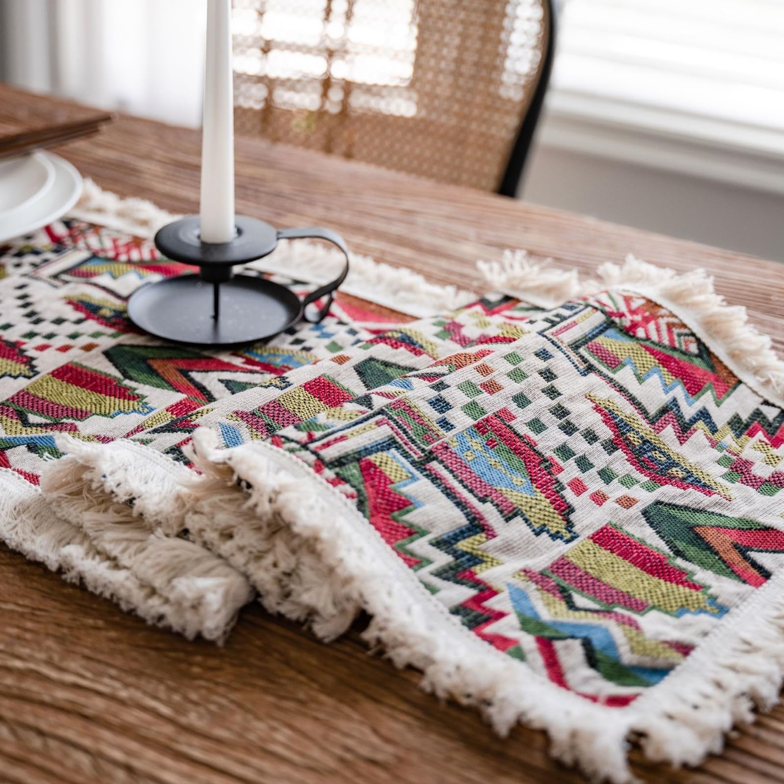 Tischläufer Baumwollleinen Modern, Tischläufer Hochzeit 30x240 cm, Jacquard mit Geometrische Muster und Quasten
