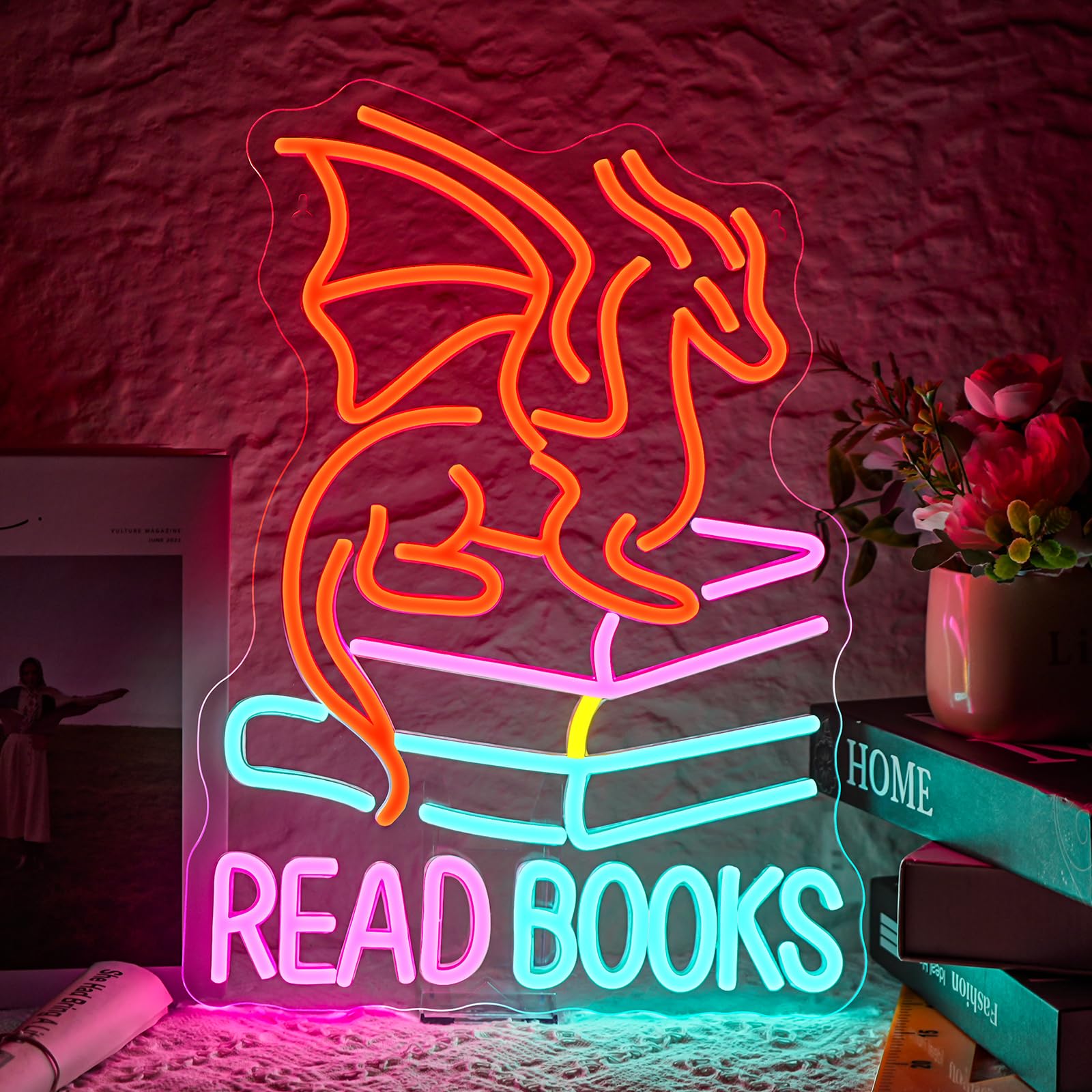 VVYXX Book Dragon Neon Sign Library Dragon Decor Cool Kids Read Books Reading Corner for Kids Neon Signs for Wall Decor LED Light Library Classroom Book Club Christmas Gift for Teens